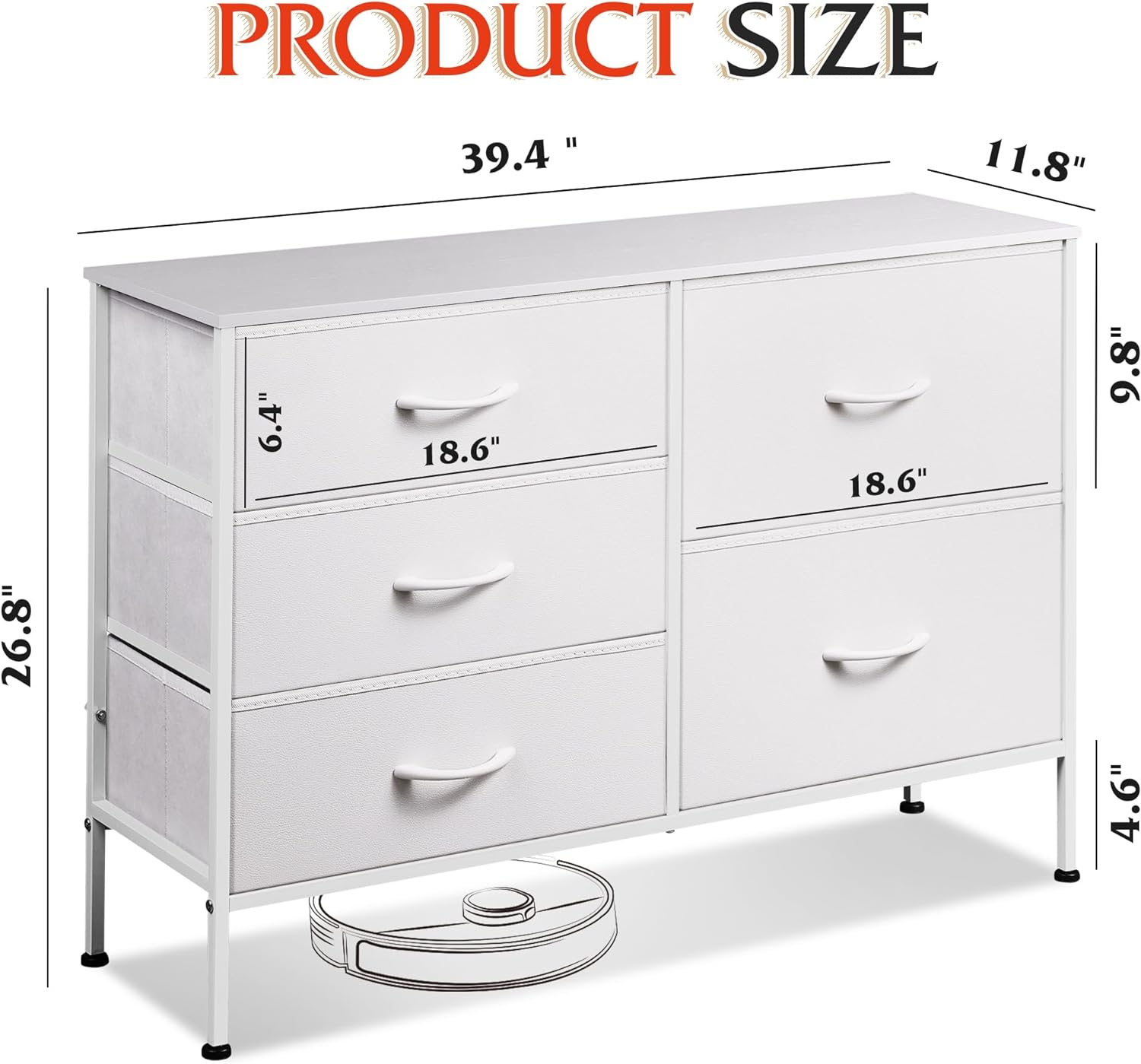 Dresser with 5 Drawers for Bedroom | Redesigned White from AHF Depot - White 5 drawer dresser against a white background. Dimensions: 39.4" L x 11.8" W x 26.8" H.