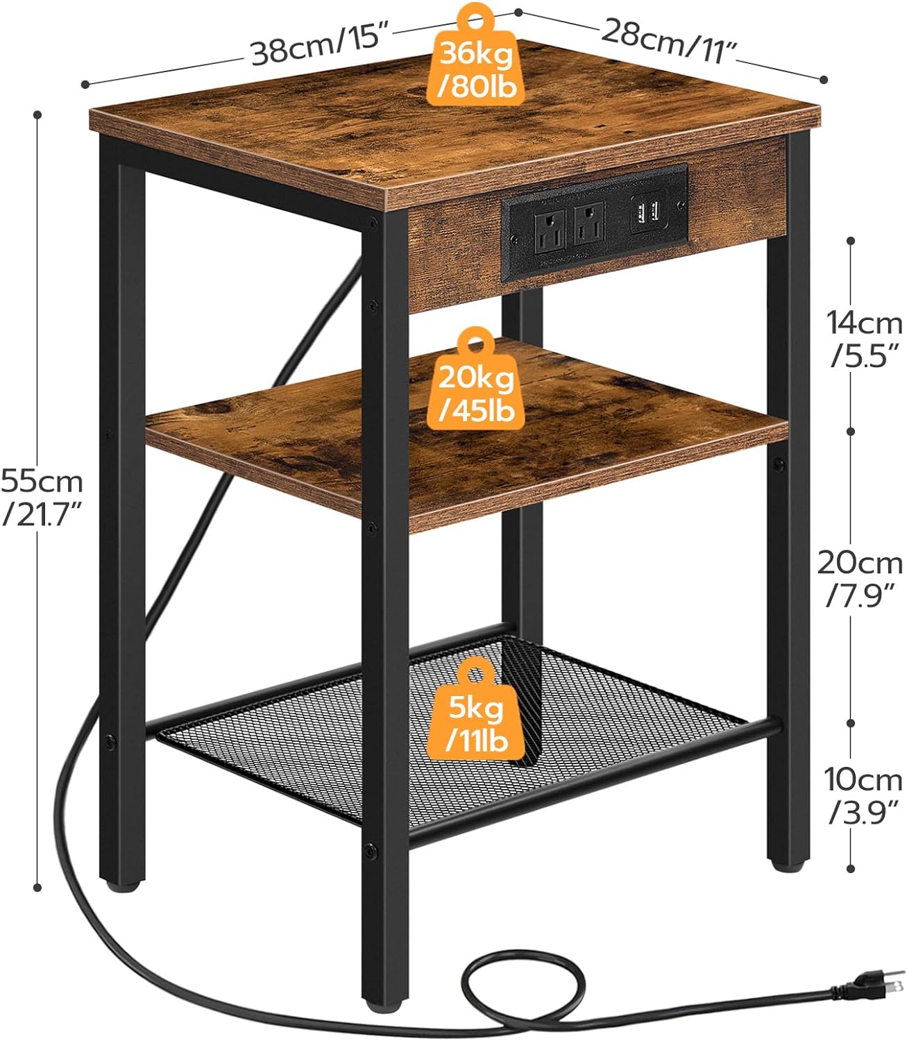 Side Table/End Table with Charging Station for Bedroom Storage | Wood Pattern from AHF Depot - Wood pattern side table with charging station against a white background. Dimensions: 11" L x 15" W x 21.7" H.