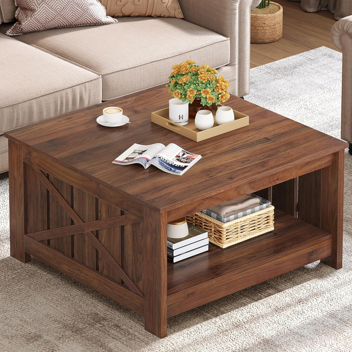 Coffee Table with Bottom Storage for Living Room | Dark Wood from AHF Depot - top view of dark wood finish farmhouse-style coffee table featuring barn-inspired X side supports and spacious bottom storage, adding rustic charm to a modern living space.