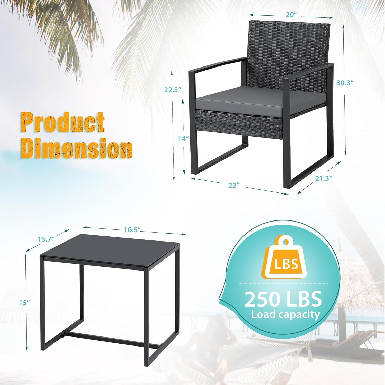 Outdoor Patio Chairs and Table Set | Black/Grey from AHF Depot - Contemporary black frame patio conversation set against a white background. Table Dimensions: 16.5" L x 15.7" W x 15" H. Chair Dimensions: 21.3" L x 22" W x 30.3" H.