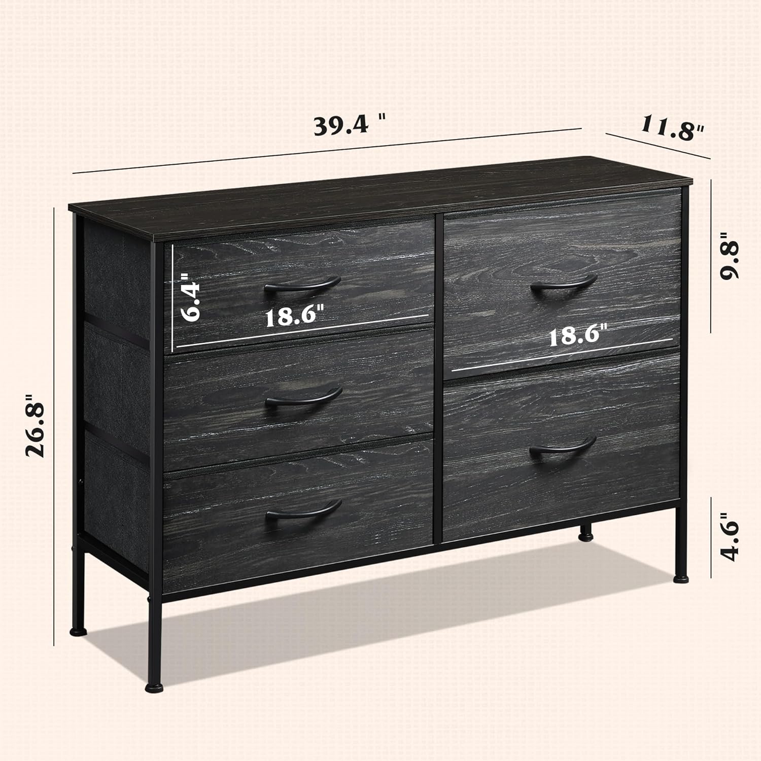 Dresser with 5 Drawers for Bedroom | Redesigned Black Wood Pattern from AHF Depot - Black wood pattern 5 drawer dresser against a white background. Dimensions: 39.4" L x 11.8" W x 26.8" H.