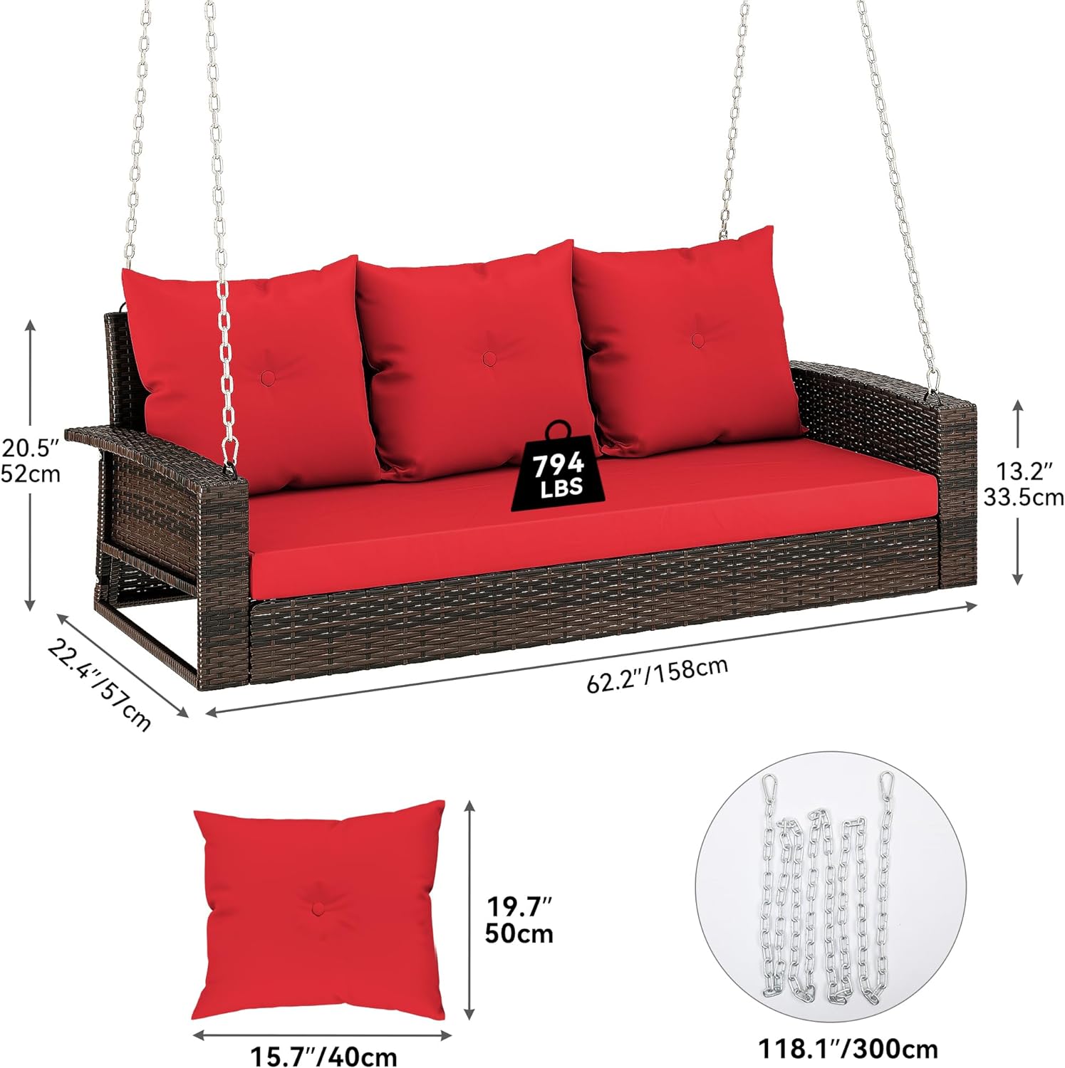 Outdoor Padded Porch Swing Hanging 3 Seater Chair | Brown/Red from AHF Depot - Modern brown rattan frame hanging porch swing with red cushions set against a white background. Dimensions:  62.2" L x 22.4" W x 20.5" H.