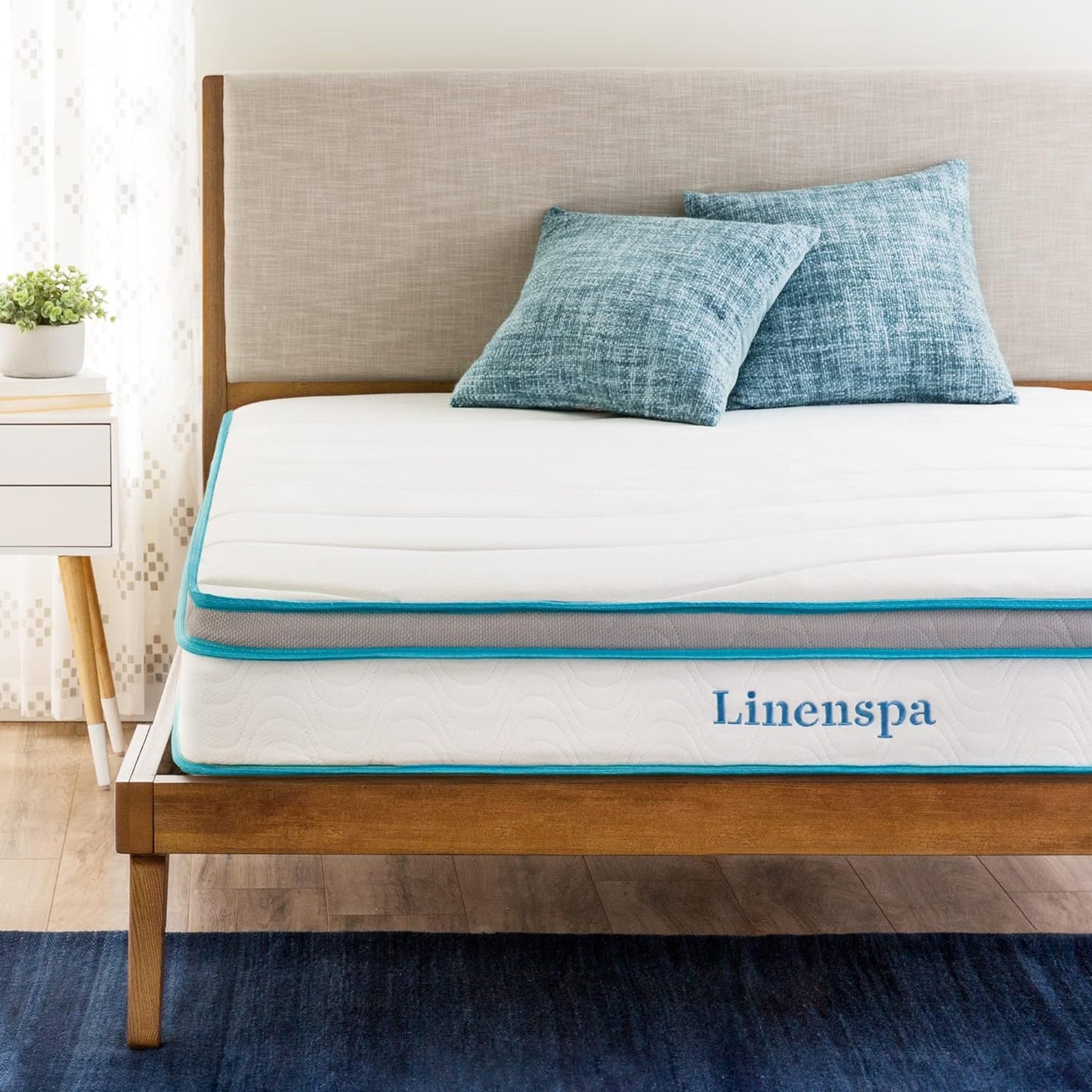 Mattress for Bedroom Memory Foam Hybrid | Linenspa from AHF Depot - Linenspa mattress showcased on a wooden bed frame with head board in a cozy bedroom setting.