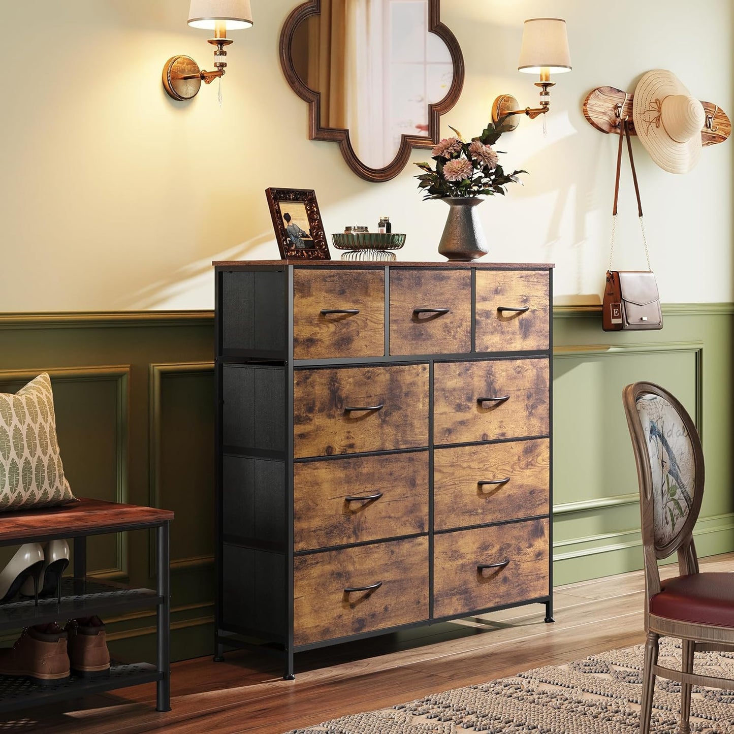 Dresser with 9 Drawers for Bedroom | Wood Pattern from AHF Depot - Side view of wood pattern 9 drawer dresser in a modern light tone bedroom setting against an olive green wall.