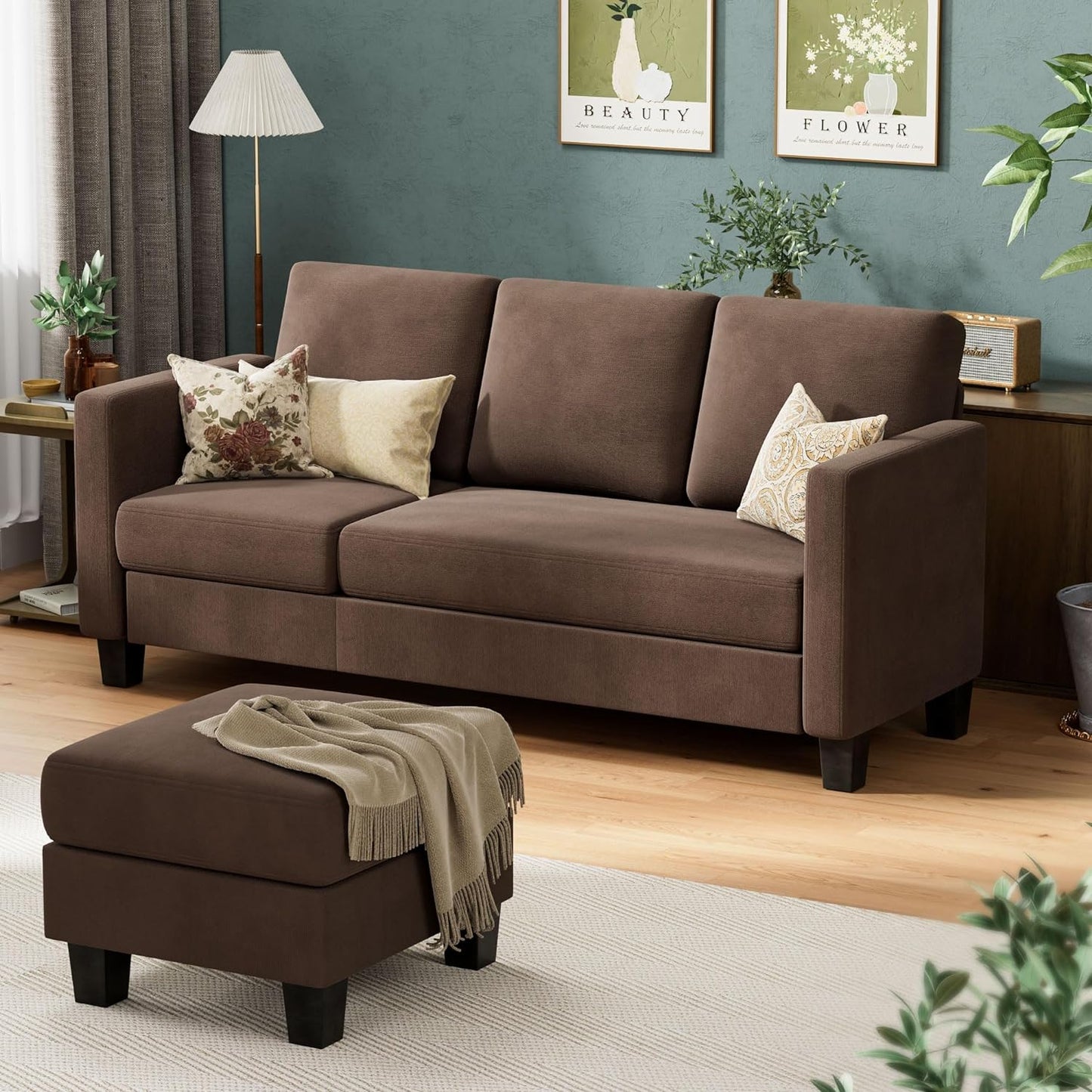 Couch Sectional Sofa with Ottoman for Living Room | Brown from AHF Depot - Brown sectional sofa with disconnected chaise used as an independant ottoman, placed in front of a green wall in a modern living room scene.