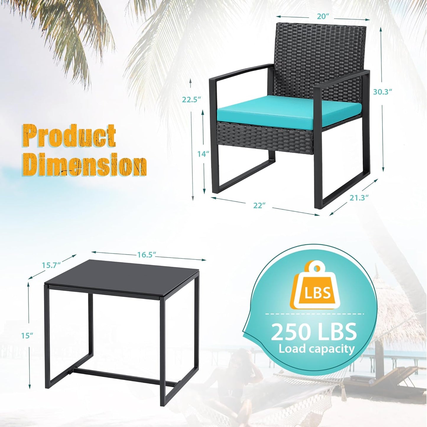 Outdoor Patio Chairs and Table Set | Black/Teal from AHF Depot - Contemporary black frame patio conversation set against a white background. Table Dimensions: 16.5" L x 15.7" W x 15" H. Chair Dimensions: 21.3" L x 22" W x 30.3" H.