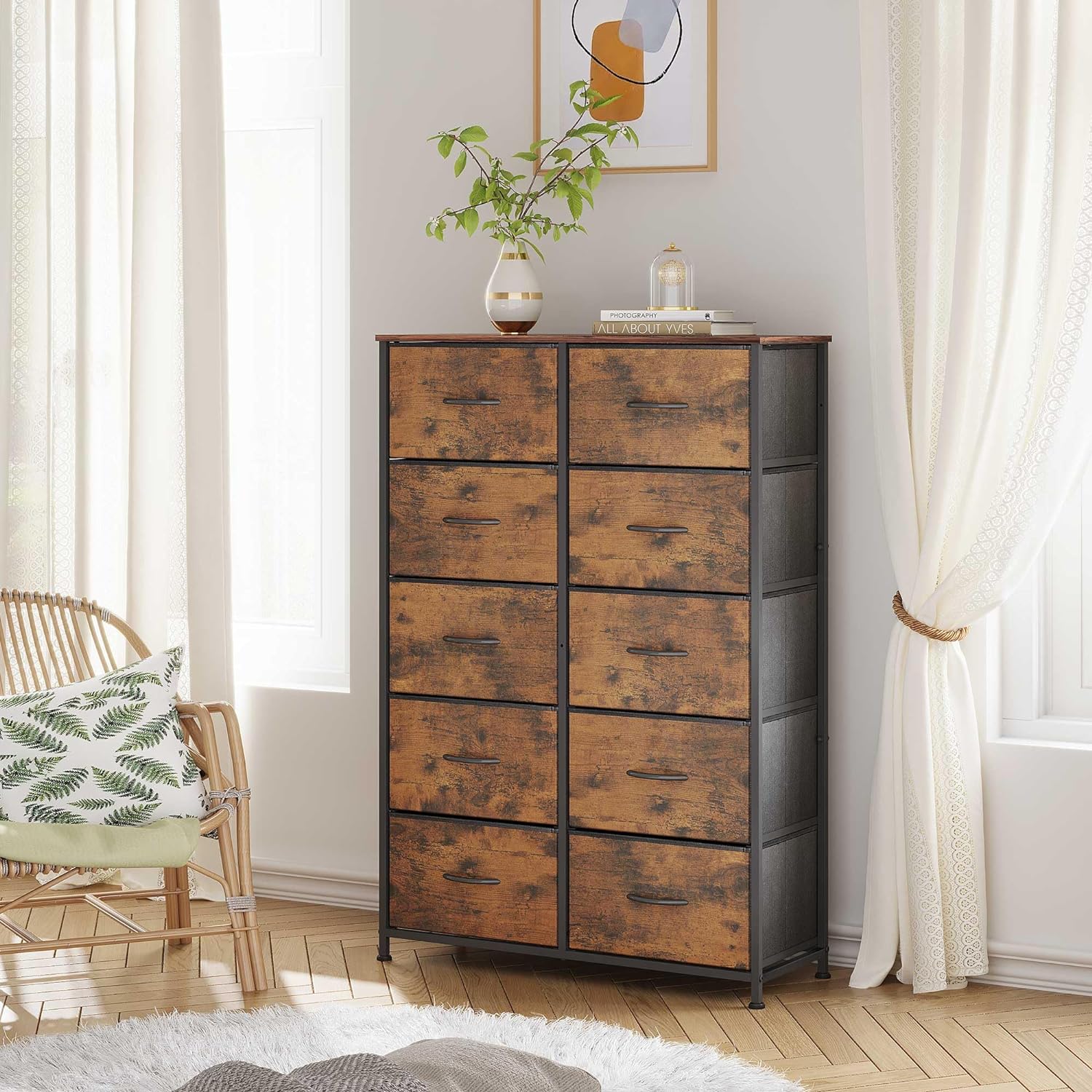 Dresser with 10 Drawers for Bedroom | Wood Pattern from AHF Depot - Wood pattern 10 drawer dresser in a modern light tone bedroom setting positioned against the wall.