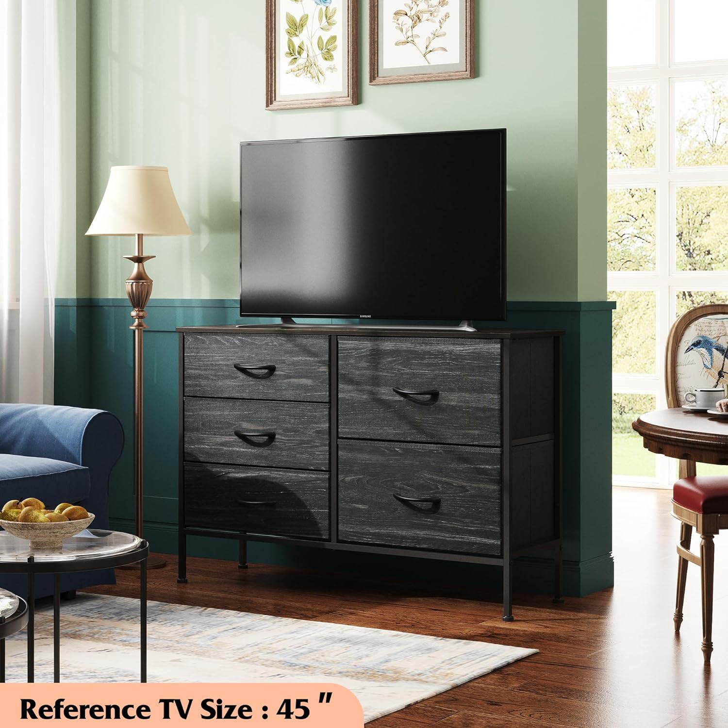 Dresser with 5 Drawers for Bedroom | Redesigned Black Wood Pattern from AHF Depot - Black wood pattern 5 drawer dresser in a modern bedroom setting against a green wall with a tv on the dresser.