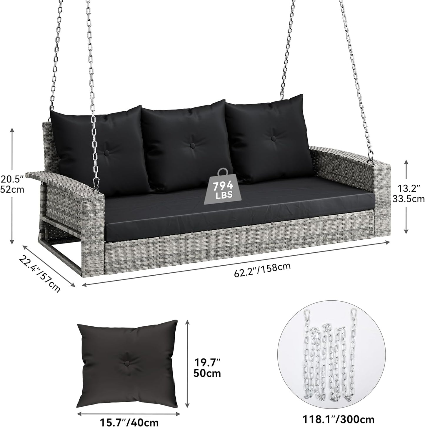 Outdoor Padded Porch Swing Hanging 3 Seater Chair | Grey/Black from AHF Depot - Modern grey rattan frame hanging porch swing with black cushions set against a white background. Dimensions: 62.2" L x 22.4" W x 20.5" H.