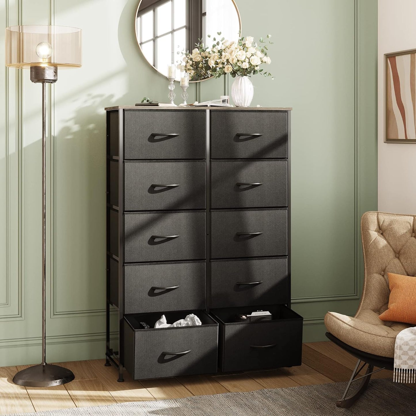 Dresser with 10 Drawers for Bedroom | Black from AHF Depot - Black 10 drawer dresser in a modern light tone bedroom setting positioned against an olive green wall.