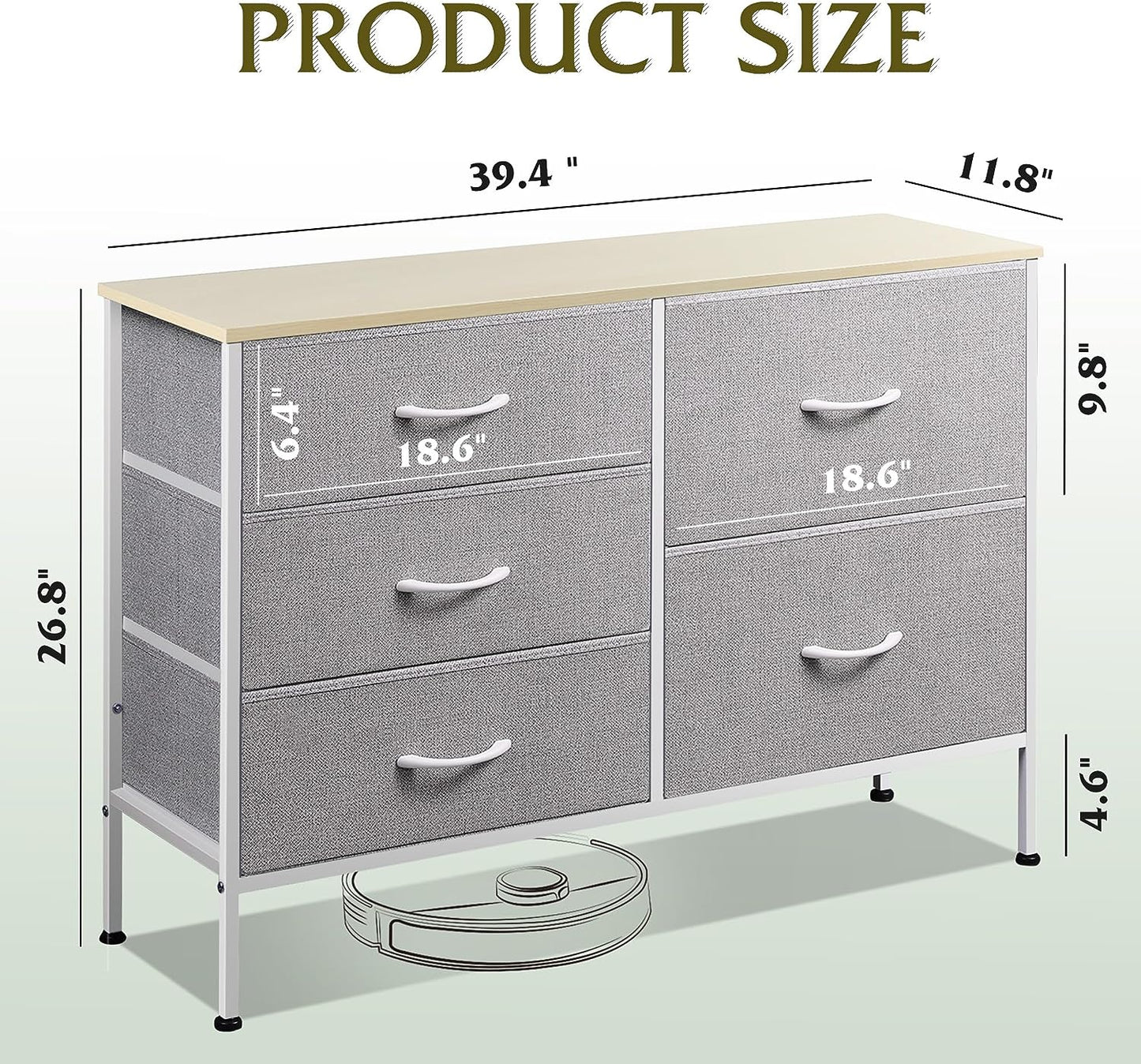 Dresser with 5 Drawers for Bedroom | Redesigned Light Grey from AHF Depot - Light Grey 5 drawer dresser against a white background. Dimensions: 39.4" L x 11.8" W x 26.8" H.