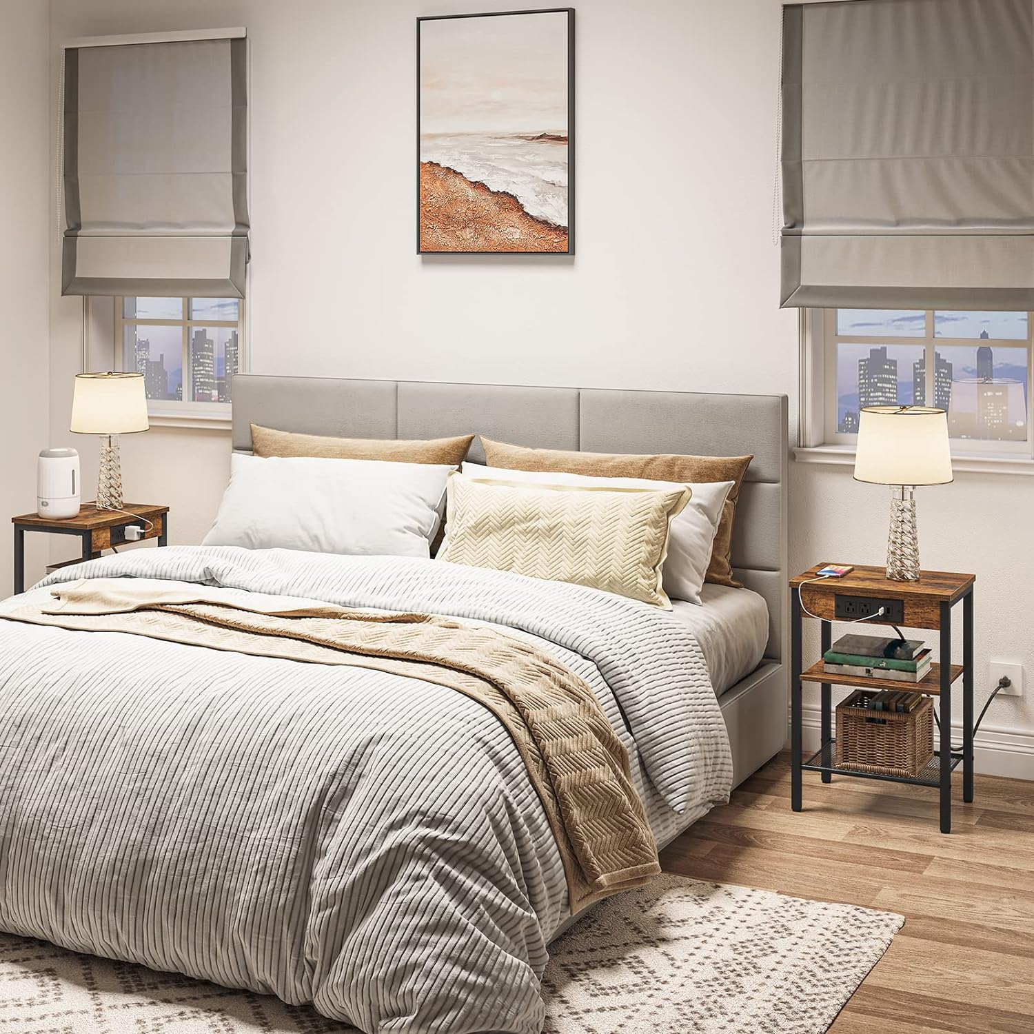 Side Table/End Table with Charging Station for Bedroom Storage | Wood Pattern from AHF Depot - Two wood pattern side tables with charging stations in a modern light tone bedroom setting plugged in on both sides of the bed and set against a white wall.