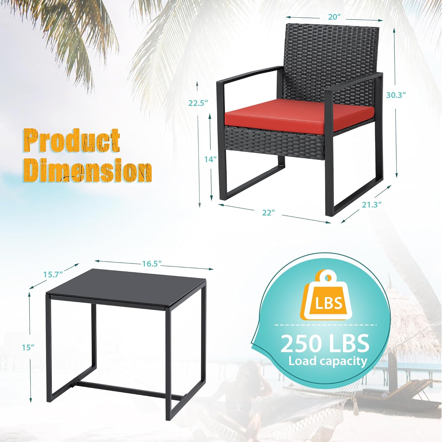 Outdoor Patio Chairs and Table Set | Black/Red from AHF Depot - Contemporary black frame patio conversation set against a white background. Table Dimensions: 16.5" L x 15.7" W x 15" H. Chair Dimensions: 21.3" L x 22" W x 30.3" H.