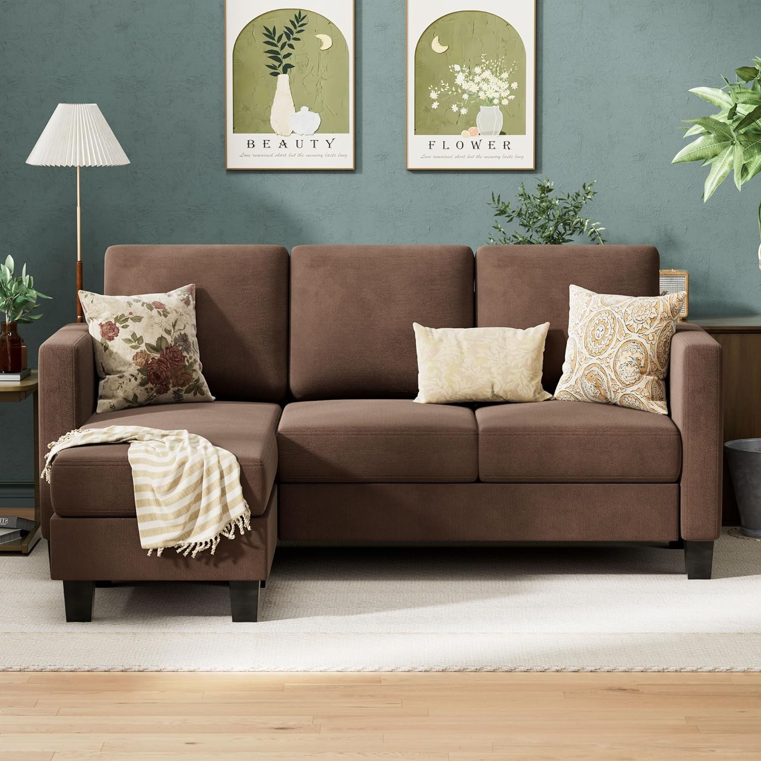 Couch Sectional Sofa with Ottoman for Living Room | Brown from AHF Depot - Brown sectional sofa with a right-side chaise, placed in front of a green wall in a modern living room scene.