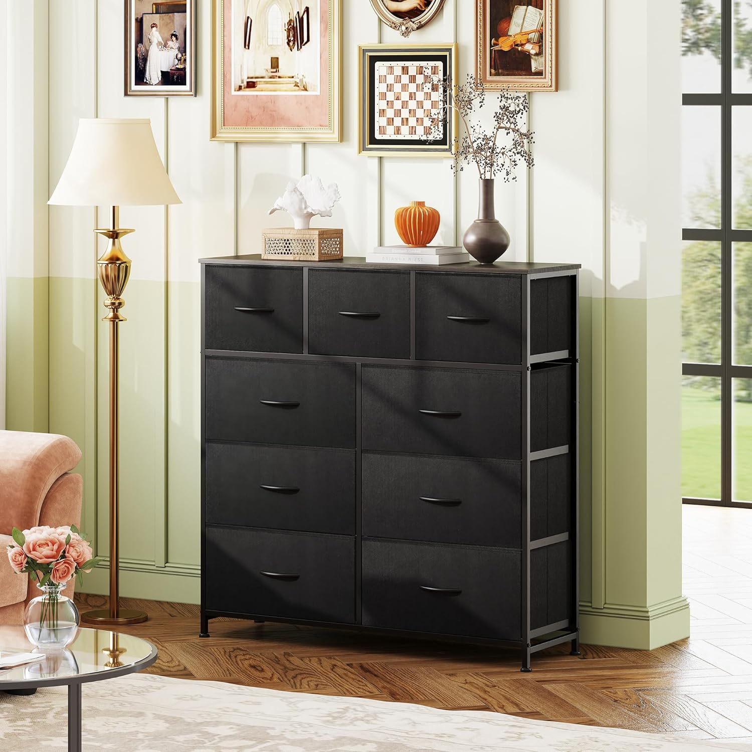 Dresser with 9 Drawers for Bedroom | Black from AHF Depot - Black 9 drawer dresser in a modern light tone bedroom setting against a light green wall.