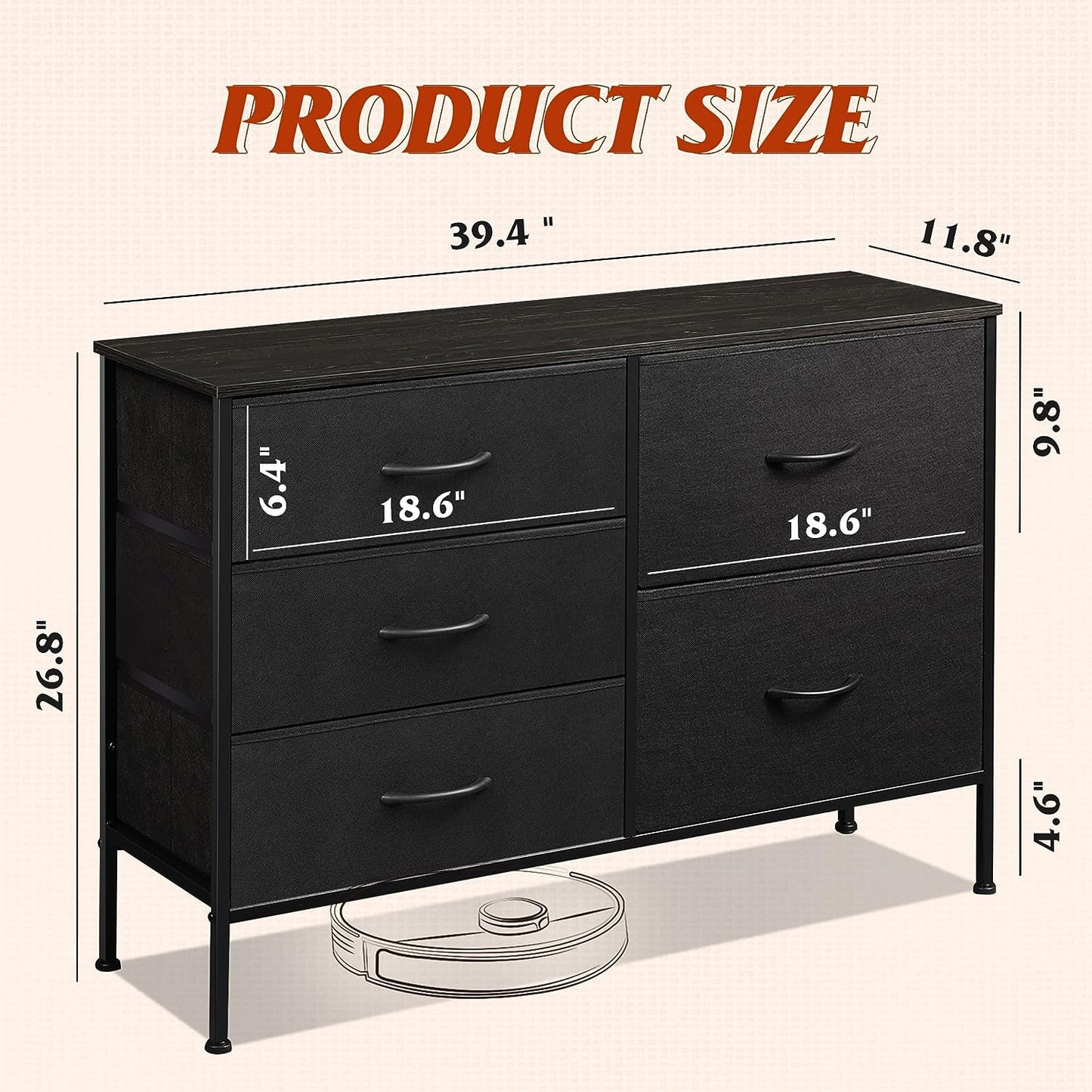 Dresser with 5 Drawers for Bedroom | Redesigned Black from AHF Depot - Black 5 drawer dresser against a white background. Dimensions: 39.4" L x 11.8" W x 26.8" H.