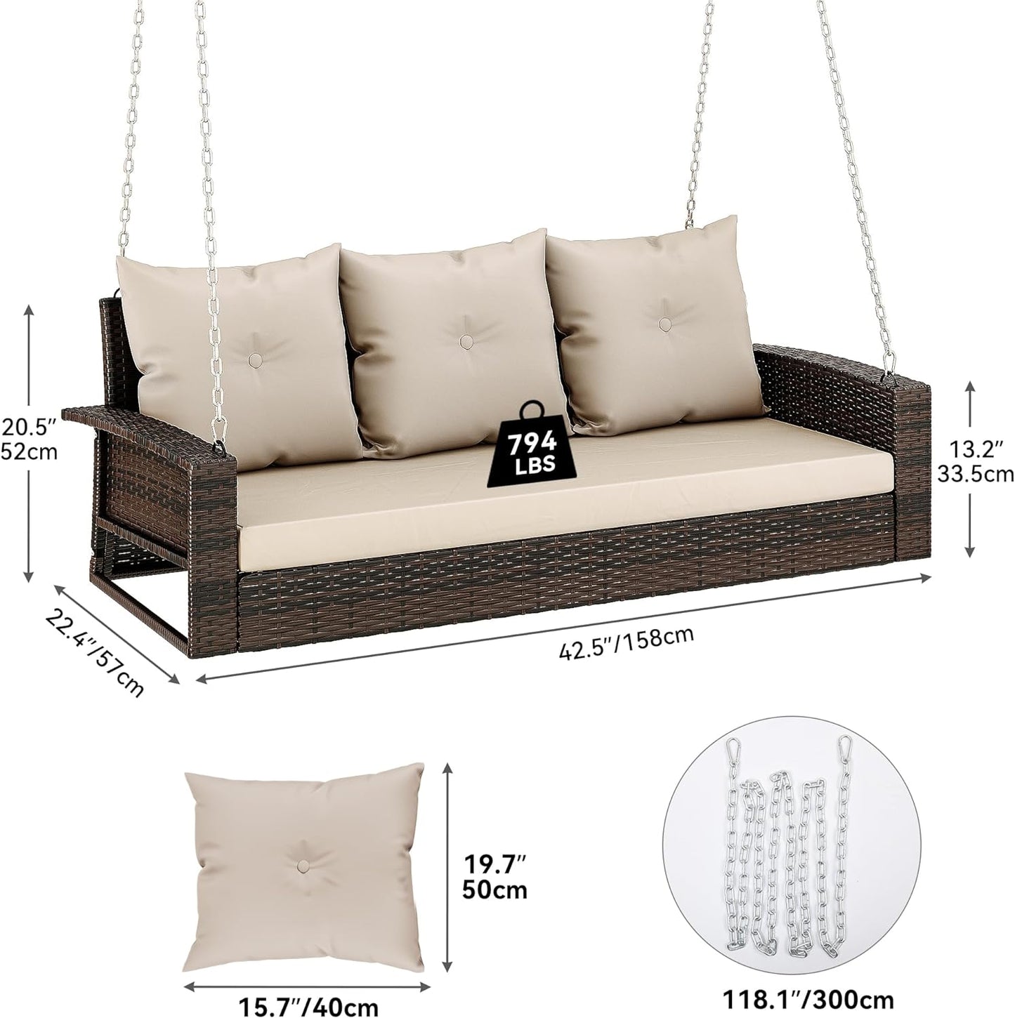 Outdoor Padded Porch Swing Hanging 3 Seater Chair | Brown/Tan from AHF Depot - Modern brown rattan frame hanging porch swing with tan cushions set against a white background. Dimensions: 62.2" L x 22.4" W x 20.5" H. 