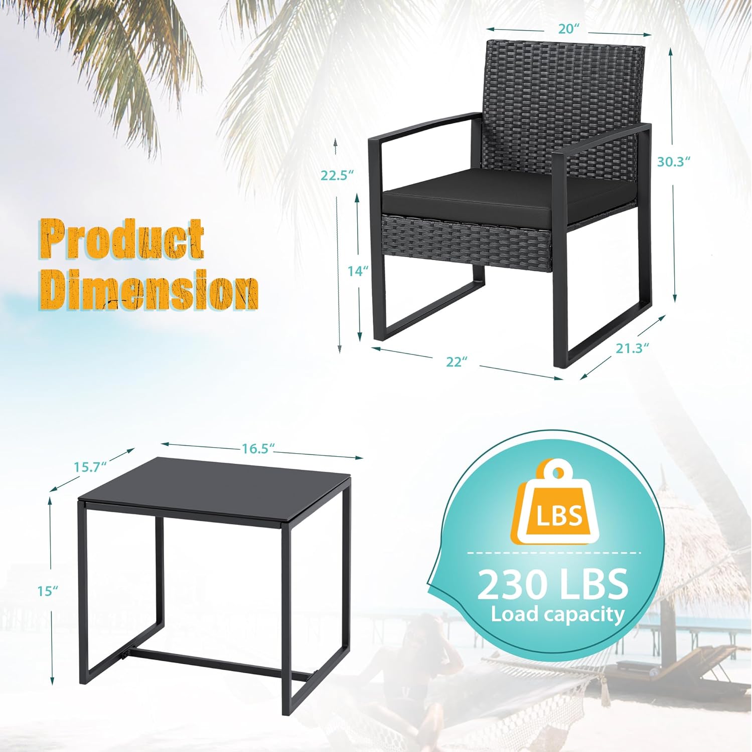 Outdoor Patio Chairs and Table Set | Black/Black from AHF Depot - Contemporary black frame patio conversation set against a white background. Table Dimensions: 16.5" L x 15.7" W x 15" H. Chair Dimensions: 21.3" L x 22" W x 30.3" H.