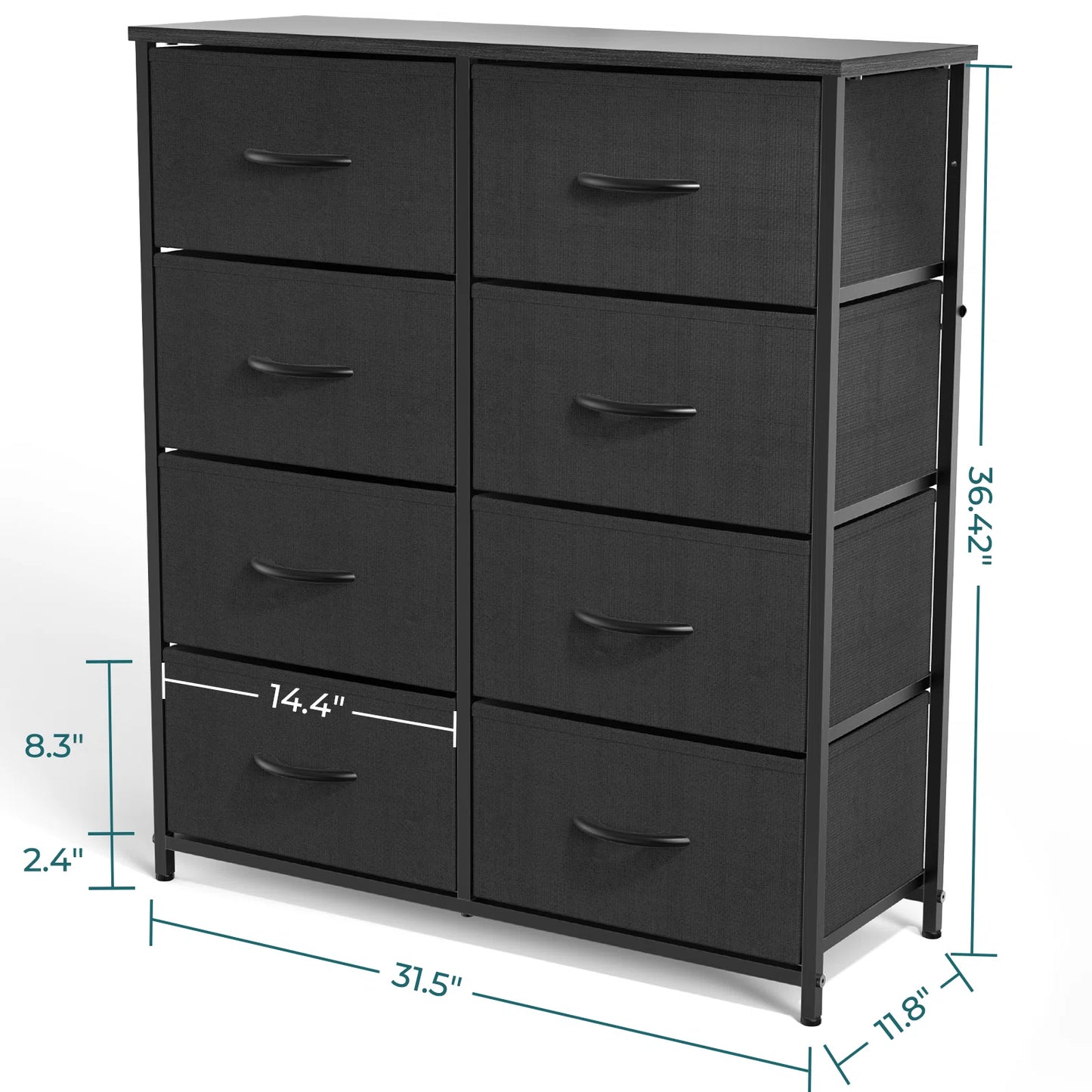 Dresser with 8 Drawers for Bedroom | Black from AHF Depot - Black 8 drawer dresser against a white background. Dimensions: 31.5" L x 11.8" W x 36.42" H.