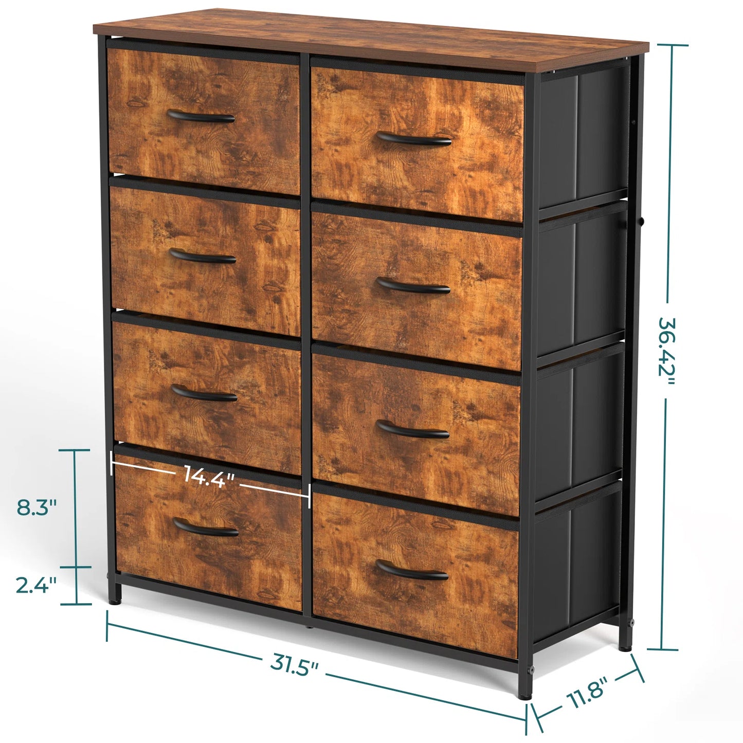 Dresser with 8 Drawers for Bedroom | Wood Pattern from AHF Depot - Wood pattern 8 drawer dresser against a white background. Dimensions: 31.5" L x 11.8" W x 36.42" H.