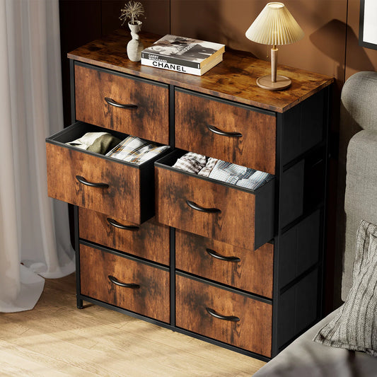 Dresser with 8 Drawers for Bedroom | Wood Pattern from AHF Depot - Wood pattern 8 drawer dresser in a modern light tone bedroom setting with two drawers open against a brown wall.