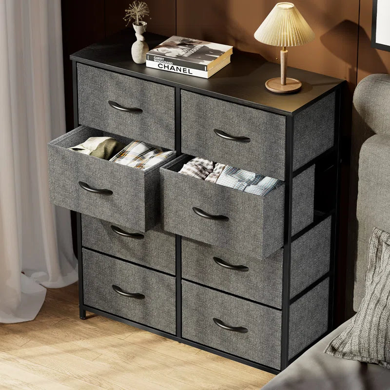 Dresser with 8 Drawers for Bedroom | Grey from AHF Depot - Grey 8 drawer dresser in a modern light tone bedroom setting with two drawers open against a brown wall.