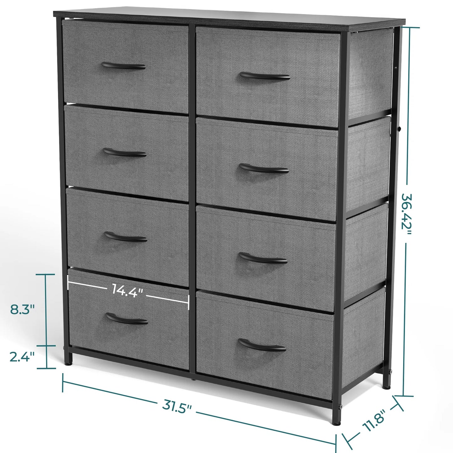 Dresser with 8 Drawers for Bedroom | Grey from AHF Depot - Grey 8 drawer dresser against a white background. Dimensions: 31.5" L x 11.8" W x 36.42" H.