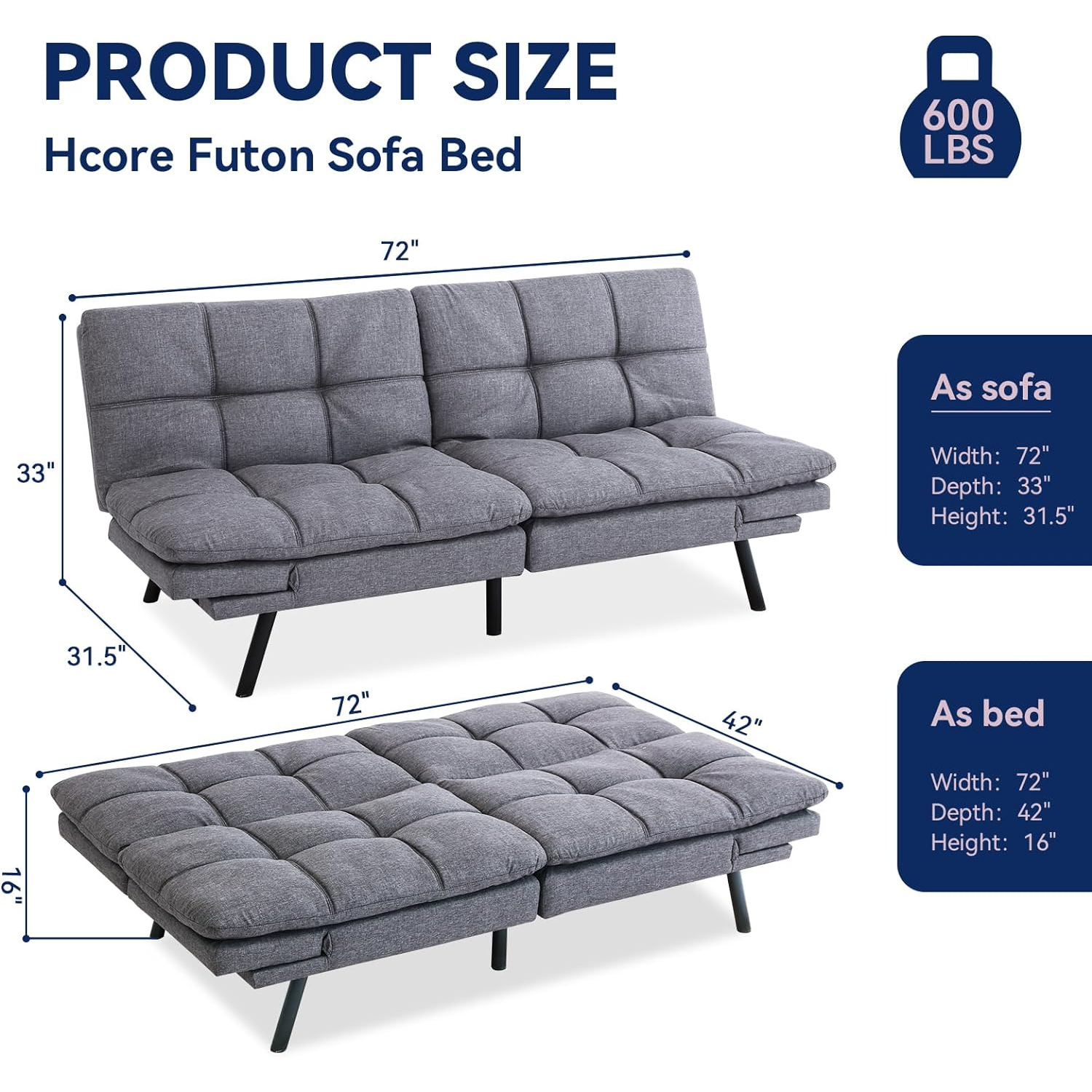 Couch Bed Futon Sleeper Sofa for Living Room | Grey Memory Foam from AHF Depot - Grey fabric futon with split back adjustment against a clean white background showcasing product dimensions. Couch Position Dimensions 72" L x 31.5" W x 33" H. Bed Position Dimensions 72" L x 42" W. Floor to Seat Height is 16".