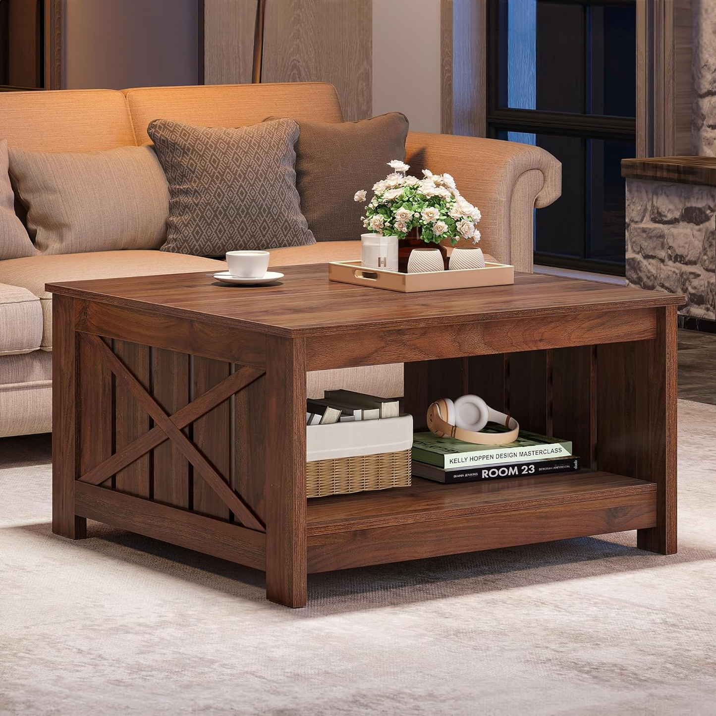 Coffee Table with Bottom Storage for Living Room | Dark Wood from AHF Depot - dark wood finish farmhouse-style coffee table featuring barn-inspired X side supports and spacious bottom storage, adding rustic charm to a modern living space.