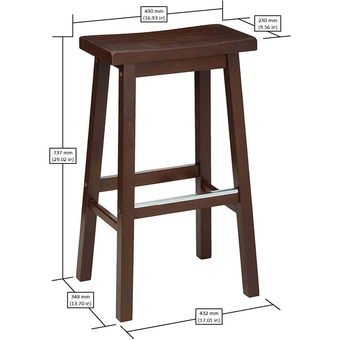 Bar Stool Set of Two Counter Height for Kitchen | Dark Wood from AHF Depot - Single black bar stool against a white background. Seat dimensions: 16.93" L x 9.56" W. Overall height from seat to floor: 29.02". Overall dimensions: 17.01" L x 13.7" W."