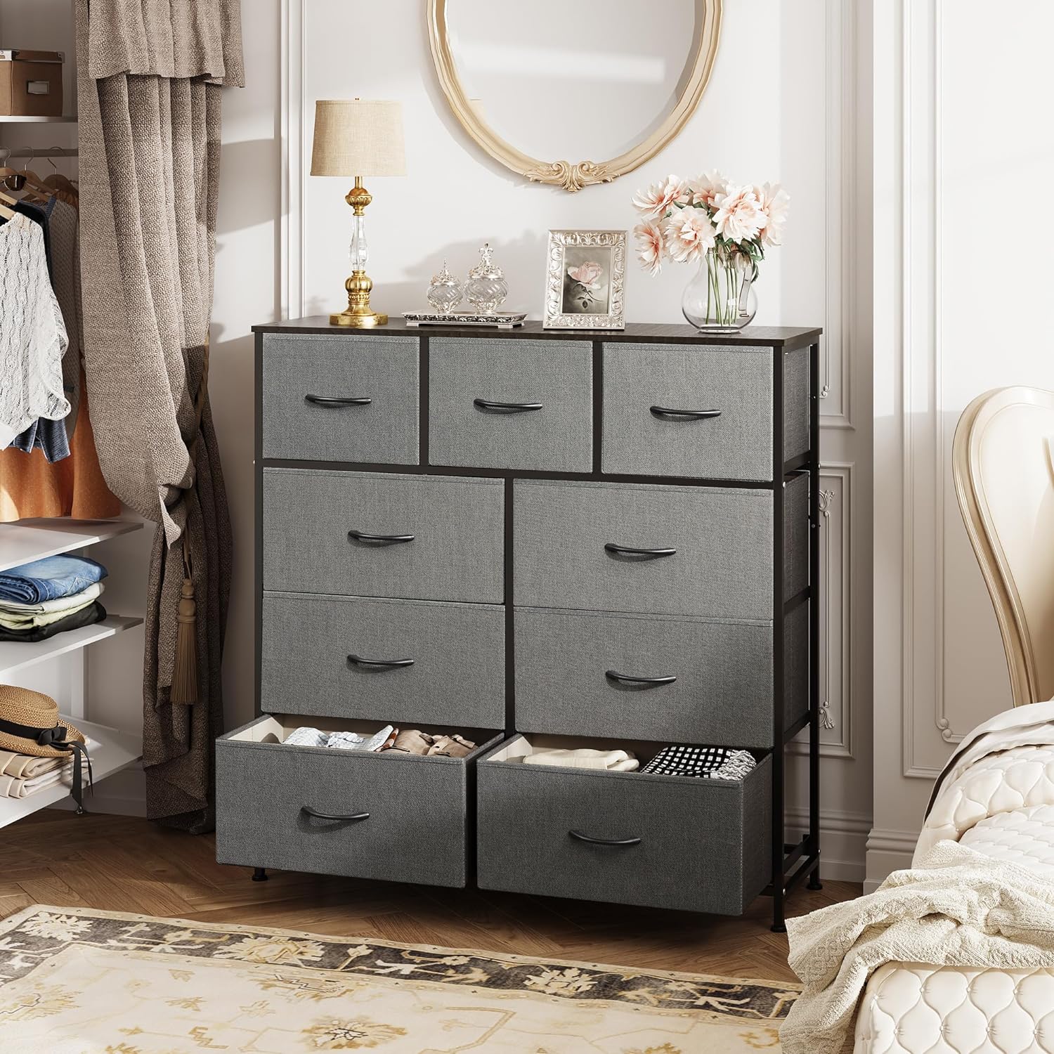 Dresser with 9 Drawers for Bedroom | Grey from AHF Depot - Grey 9 drawer dresser in a modern light tone bedroom setting with two drawers open.