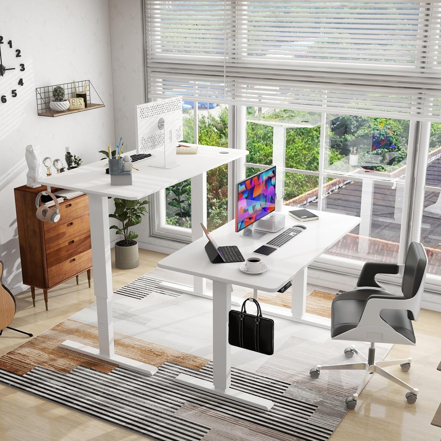 Desk for Computer PC in Office with Adjustable Height - 48" | White from AHF Depot - Pair of white computer desks in a modern office setting, each with a computer setup, positioned back to back to highlight the adjustable height feature.