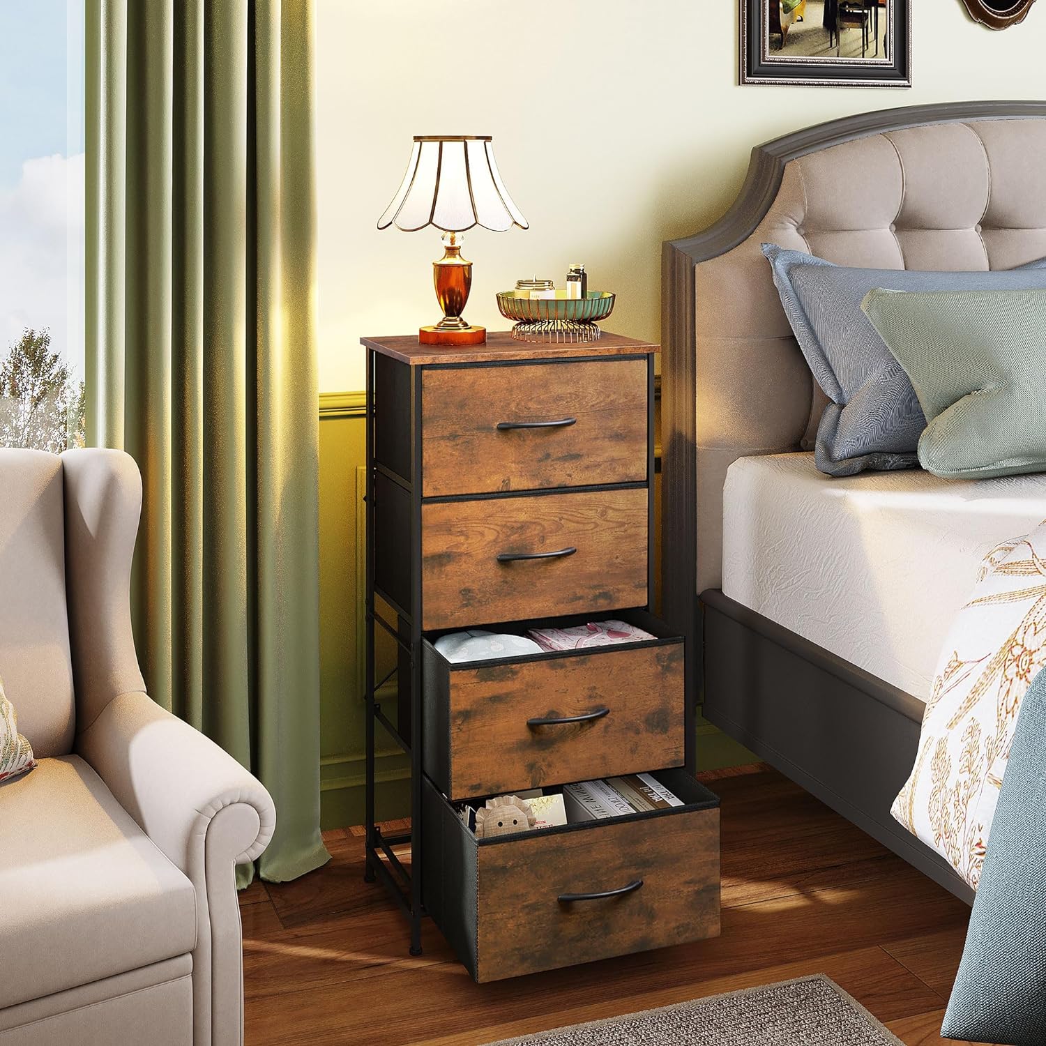 Side Table/End Table with 4 Drawers for Bedroom Storage | Wood Pattern from AHF Depot - Wood pattern 4 drawer side table in a modern mid tone bedroom setting with two drawers open against an olive green wall.