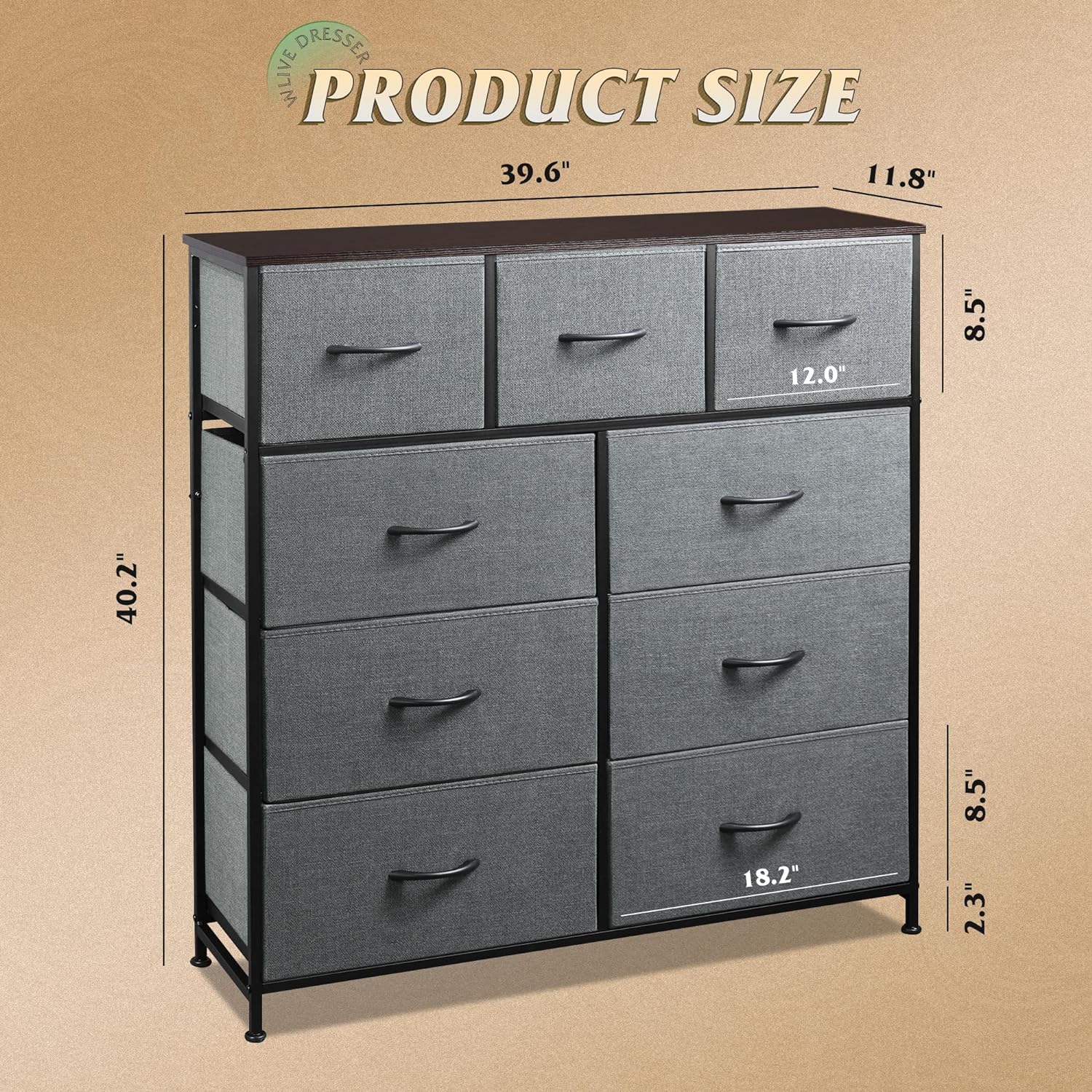 Dresser with 9 Drawers for Bedroom | Grey from AHF Depot - Grey 9 drawer dresser against a tan background. Dimensions: 39.6" L x 11.8" W x 40.2" H.