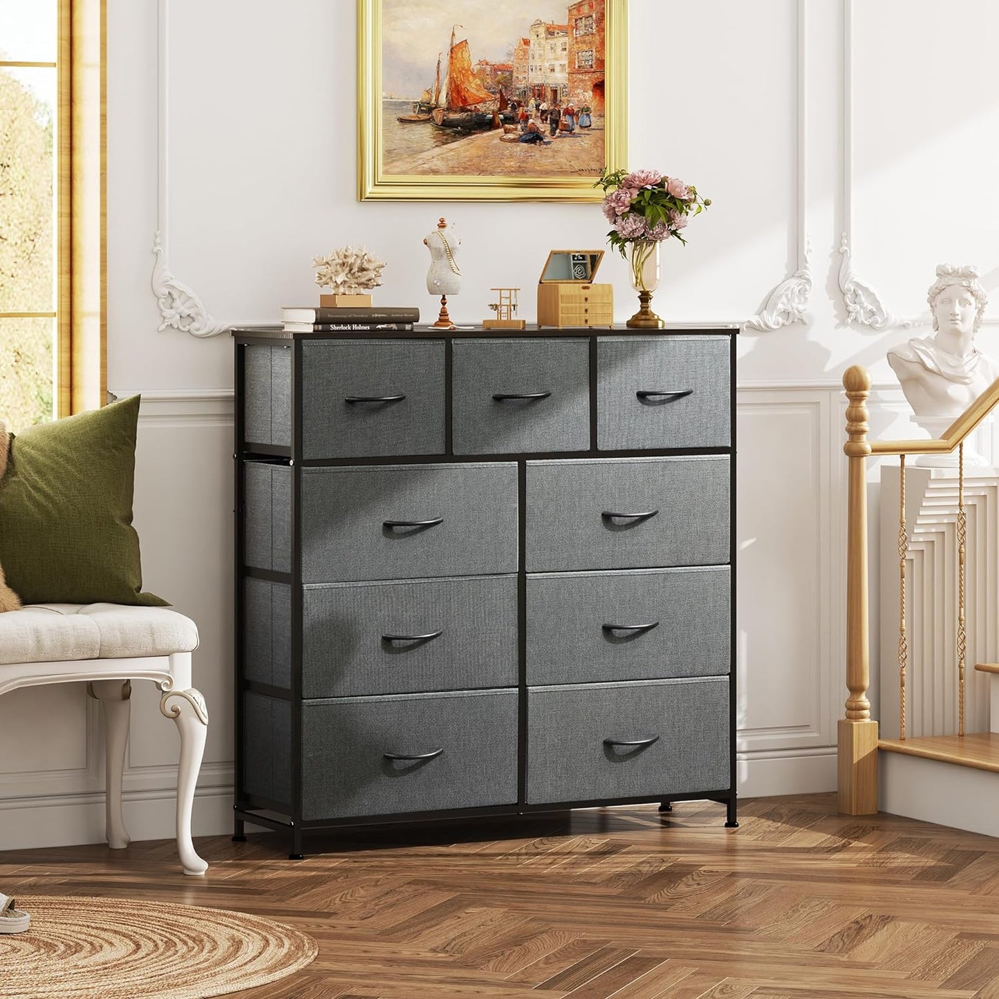 Dresser with 9 Drawers for Bedroom | Grey from AHF Depot - Grey 9 drawer dresser in a modern light tone bedroom setting.