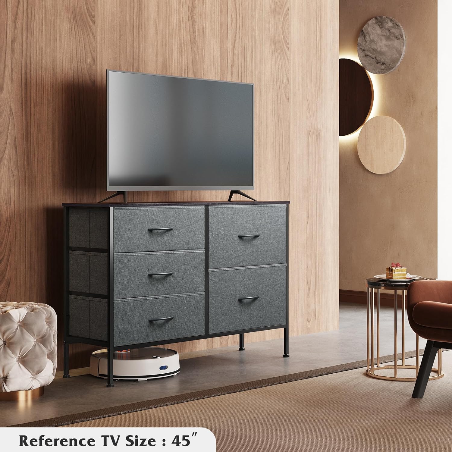 Dresser with 5 Drawers for Bedroom | Redesigned Grey from AHF Depot - Grey 5 drawer dresser in a modern bedroom setting against a oak wood panel wall with a tv on the dresser.