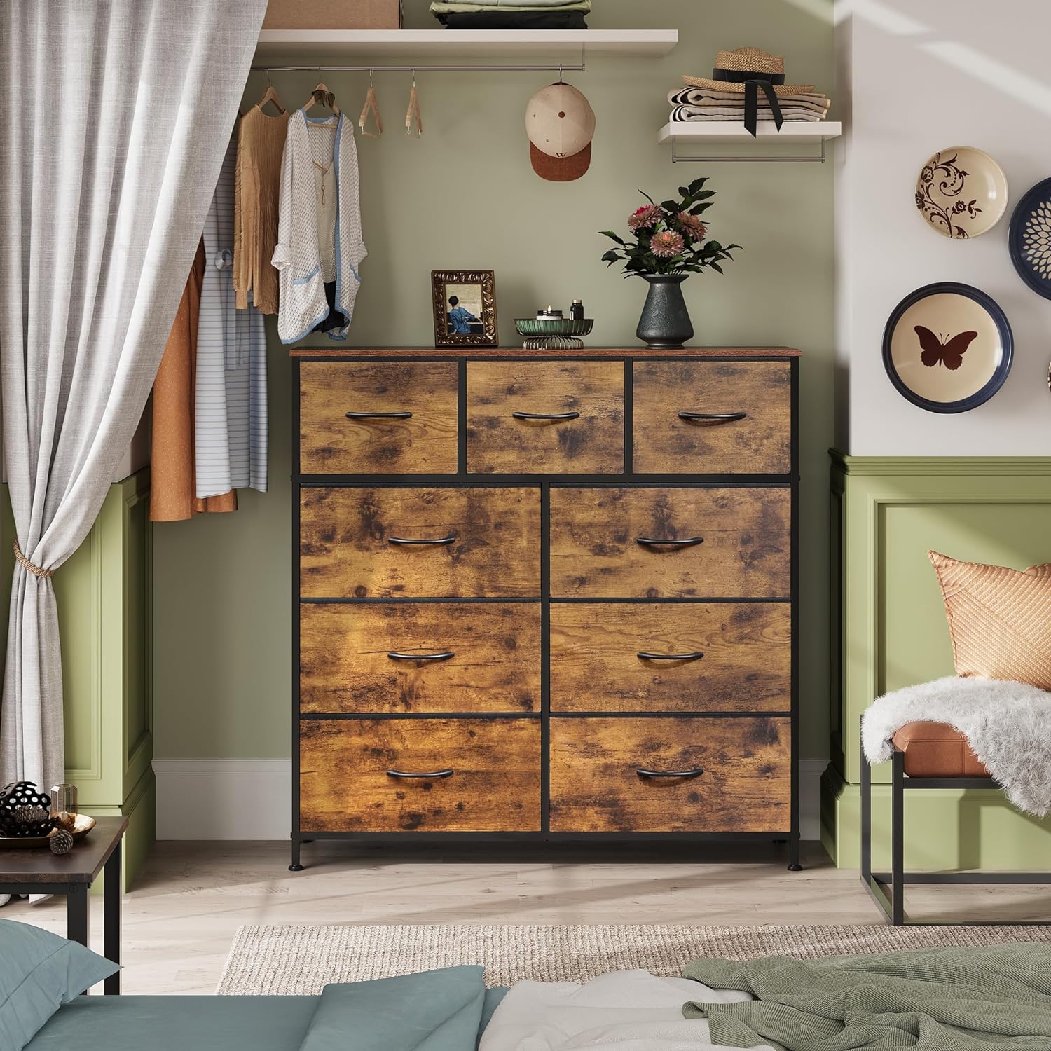 Dresser with 9 Drawers for Bedroom | Wood Pattern from AHF Depot - Wood pattern 9 drawer dresser in a modern light tone bedroom setting against an olive green wall.