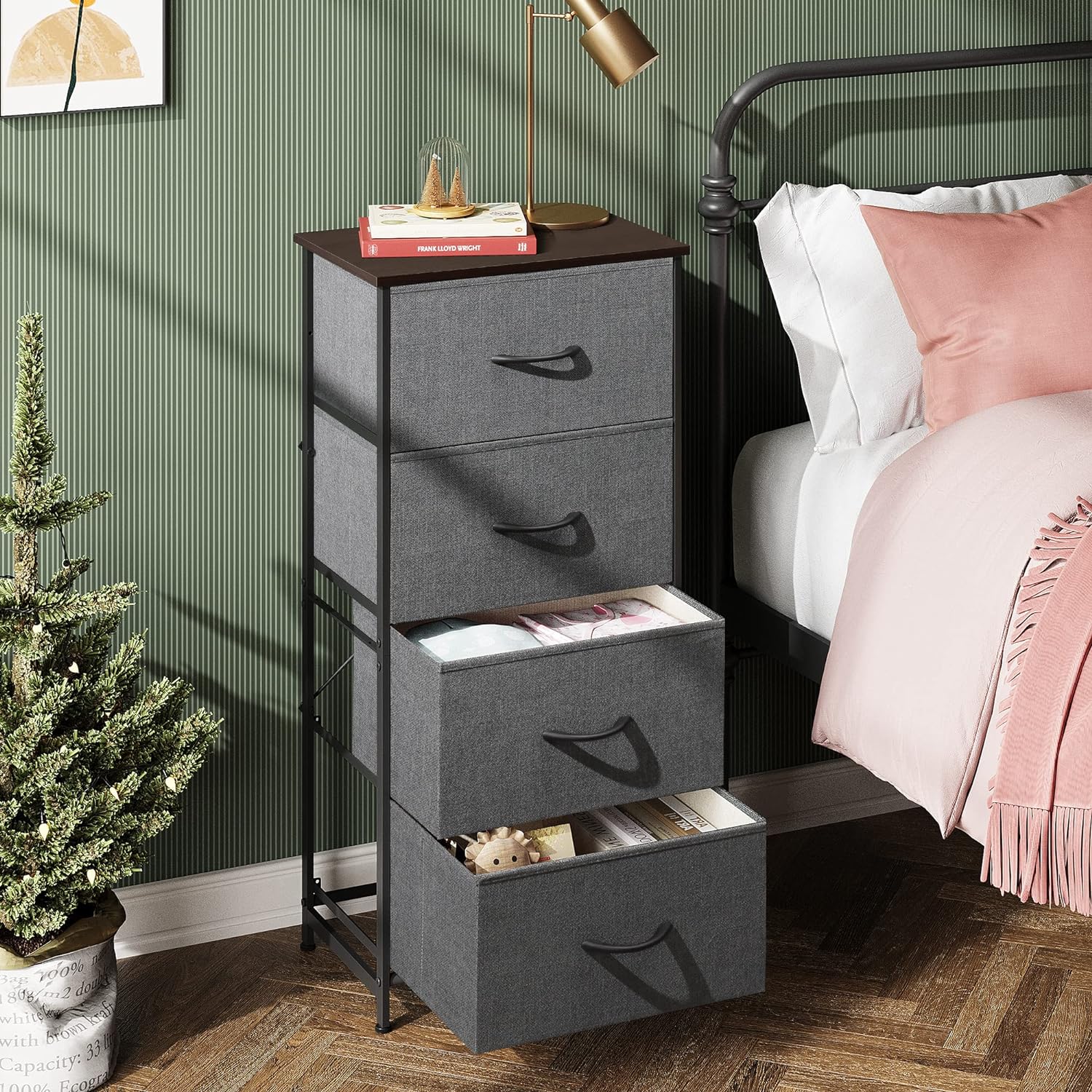 Side Table/End Table with 4 Drawers for Bedroom Storage | Grey from AHF Depot - Grey 4 drawer side table in a modern mid tone bedroom setting with two drawers open against a green wall.