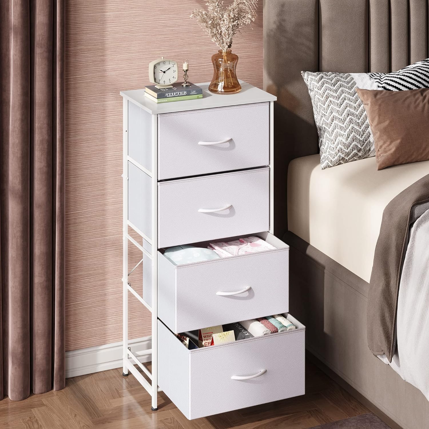 Side Table/End Table with 4 Drawers for Bedroom Storage | White from AHF Depot - White 4 drawer side table in a modern mid tone bedroom setting with two drawers open against a wood grain wall.