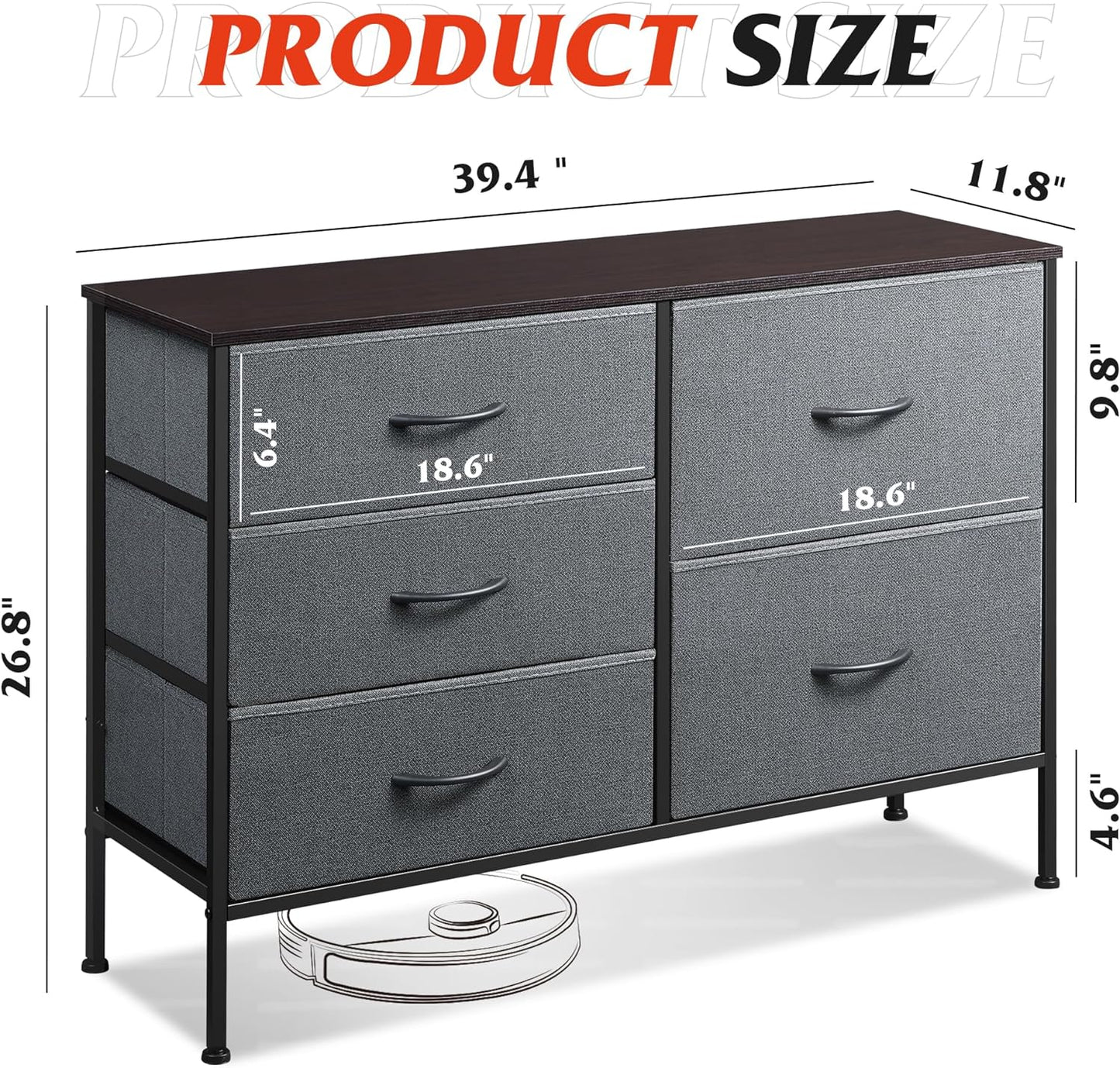 Dresser with 5 Drawers for Bedroom | Redesigned Grey from AHF Depot - Grey 5 drawer dresser against a white background. Dimensions: 39.4" L x 11.8" W x 26.8" H.