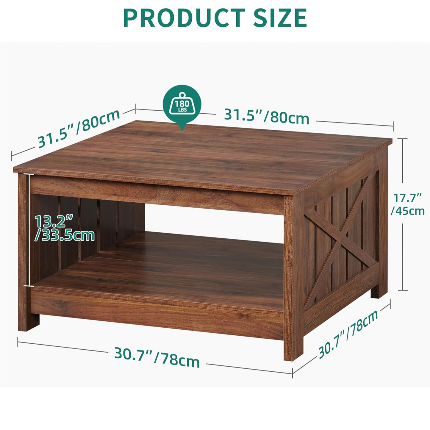 Coffee Table with Bottom Storage for Living Room | Dark Wood from AHF Depot - dark wood finish farmhouse-style coffee table against a white background. Table dimensions: 31.5" L x 31.5" W x 17.7" H. Interior storage dimensions: 30.7" L x 30.7" W x 13.2" H. Supports up to 180lbs.