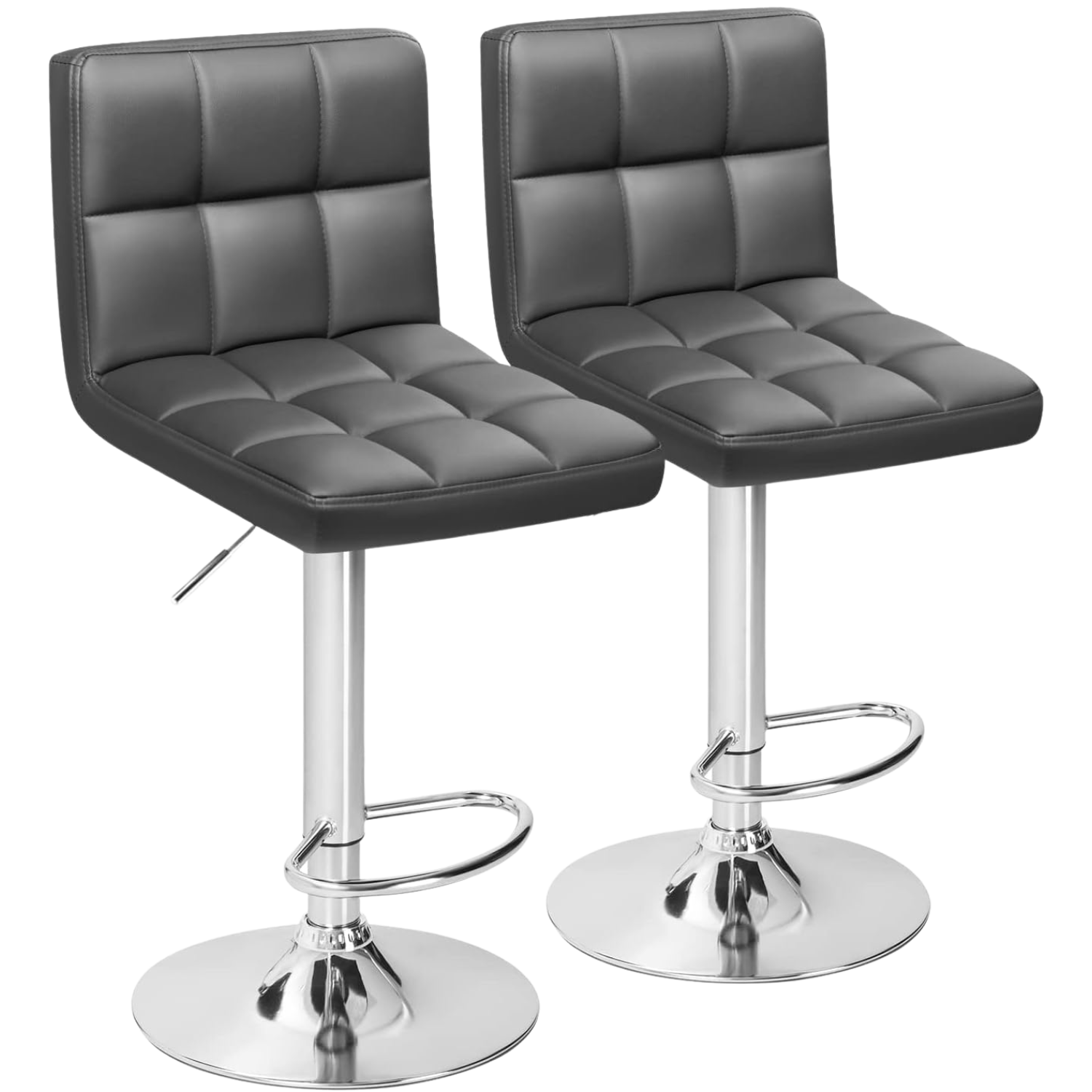 Bar Stool Set of Two with 360 Swivel and Adjustable Height for Kitchen | Grey Faux Leather from AHF Depot - Pair of padded grey bar stools displayed side by side against a clean white background.