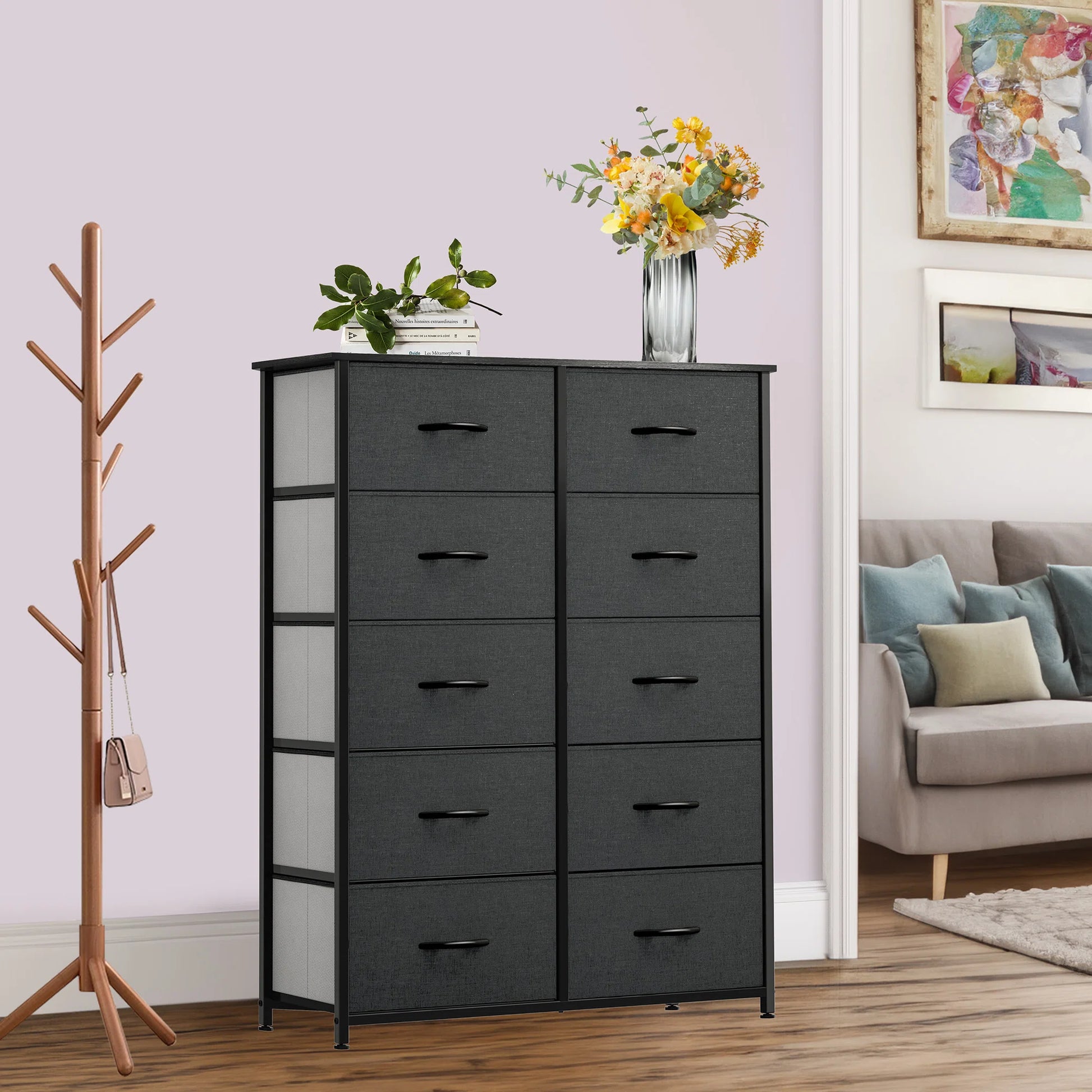 Dresser with 10 Drawers for Bedroom | Black from AHF Depot - Black 10 drawer dresser in a modern light tone bedroom setting.