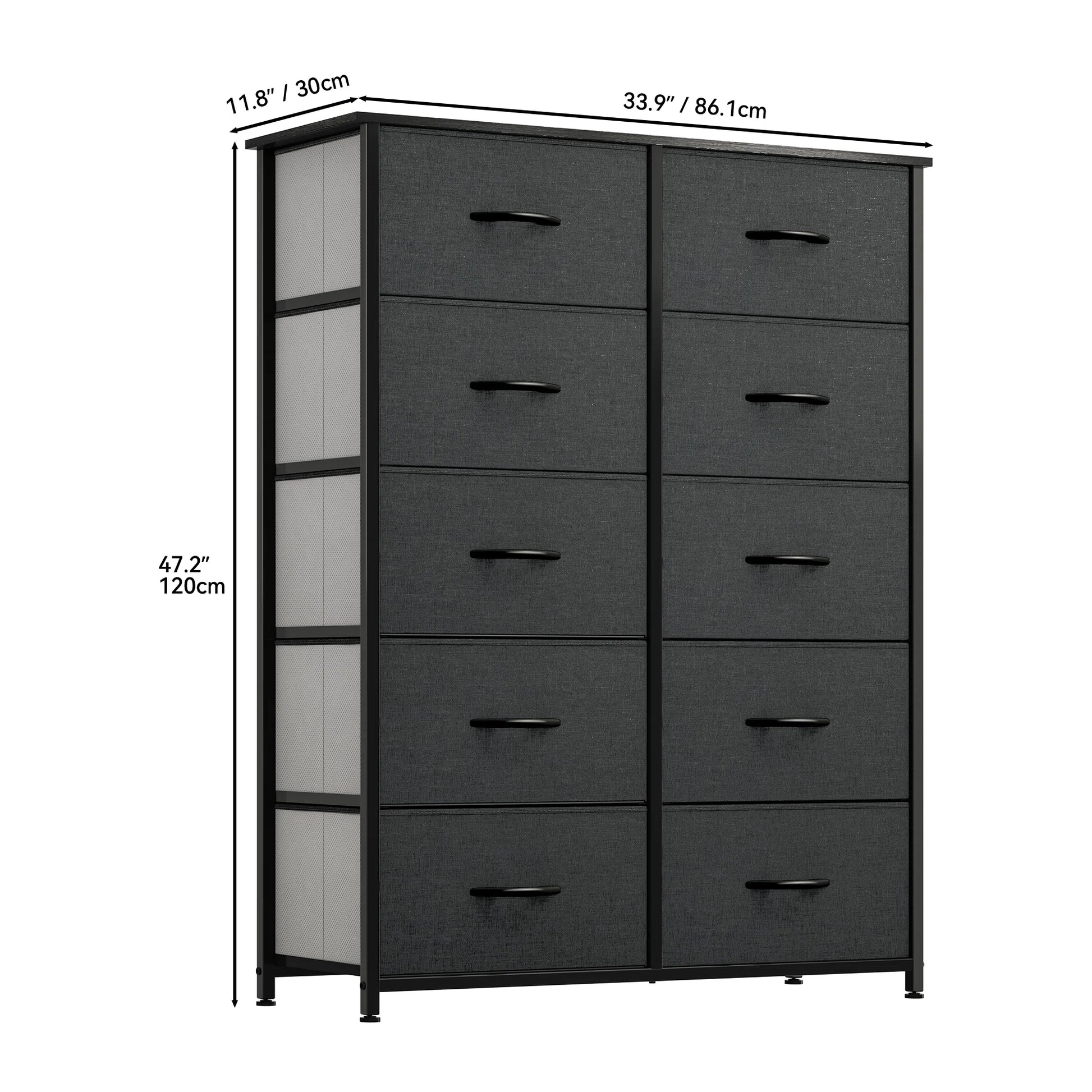 Dresser with 10 Drawers for Bedroom | Black from AHF Depot - Black 10 drawer dresser against a white background. Dimensions: 31.5" L x 11.8" W x 46.5" H.