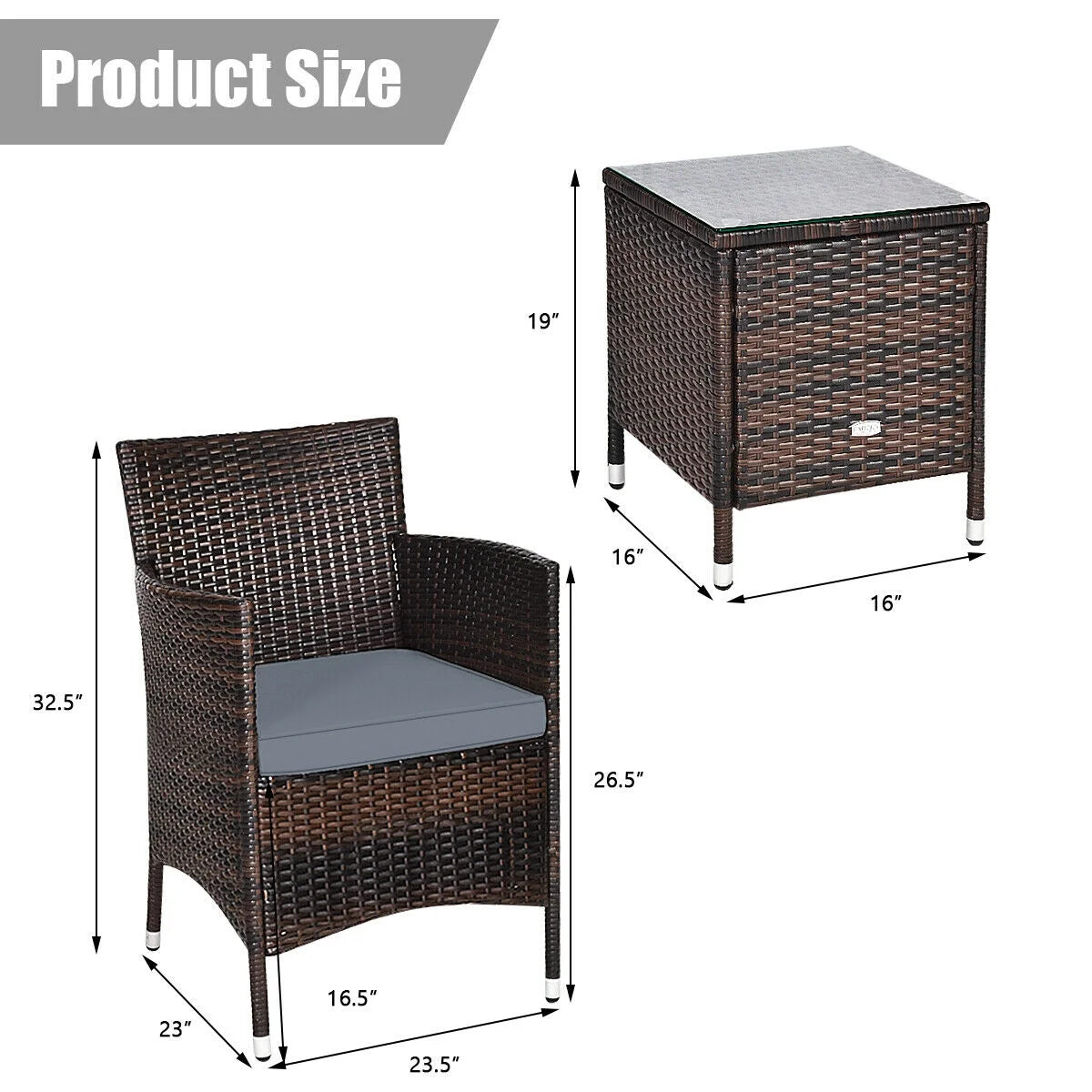 Outdoor Patio Chairs and Table Set | Brown/Grey from AHF Depot - Modern brown rattan frame patio conversation set against a white background. Table Dimensions: 16" L x 16" W x 19" H. Chair Dimensions: 23.5" L x 23" W x 32.5" H.