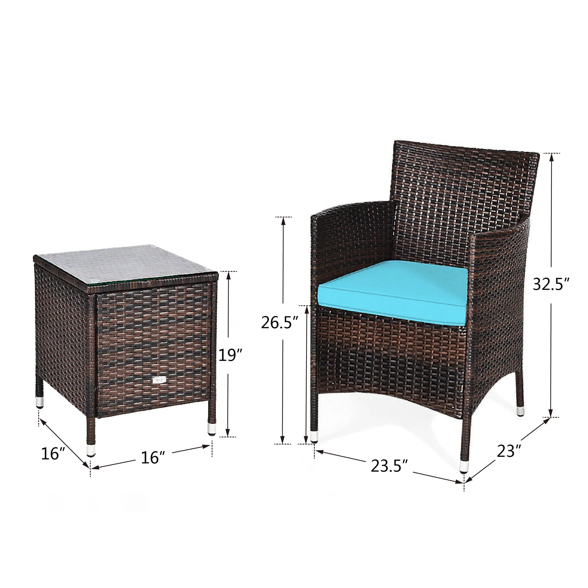 Outdoor Patio Chairs and Table Set | Brown/Teal from AHF Depot - Modern brown rattan frame patio conversation set against a white background. Table Dimensions: 16" L x 16" W x 19" H. Chair Dimensions: 23.5" L x 23" W x 32.5" H.