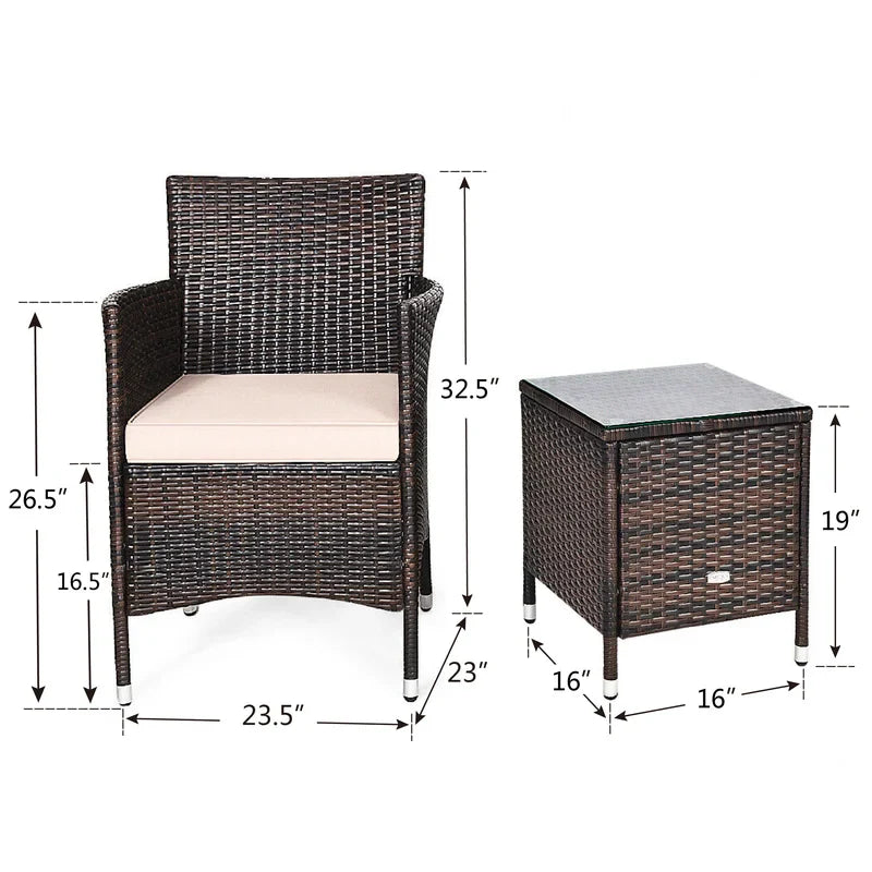 Outdoor Patio Chairs and Table Set | Brown/Tan from AHF Depot - Modern brown rattan frame patio conversation set against a white background. Table Dimensions: 16" L x 16" W x 19" H. Chair Dimensions: 23.5" L x 23" W x 32.5" H.