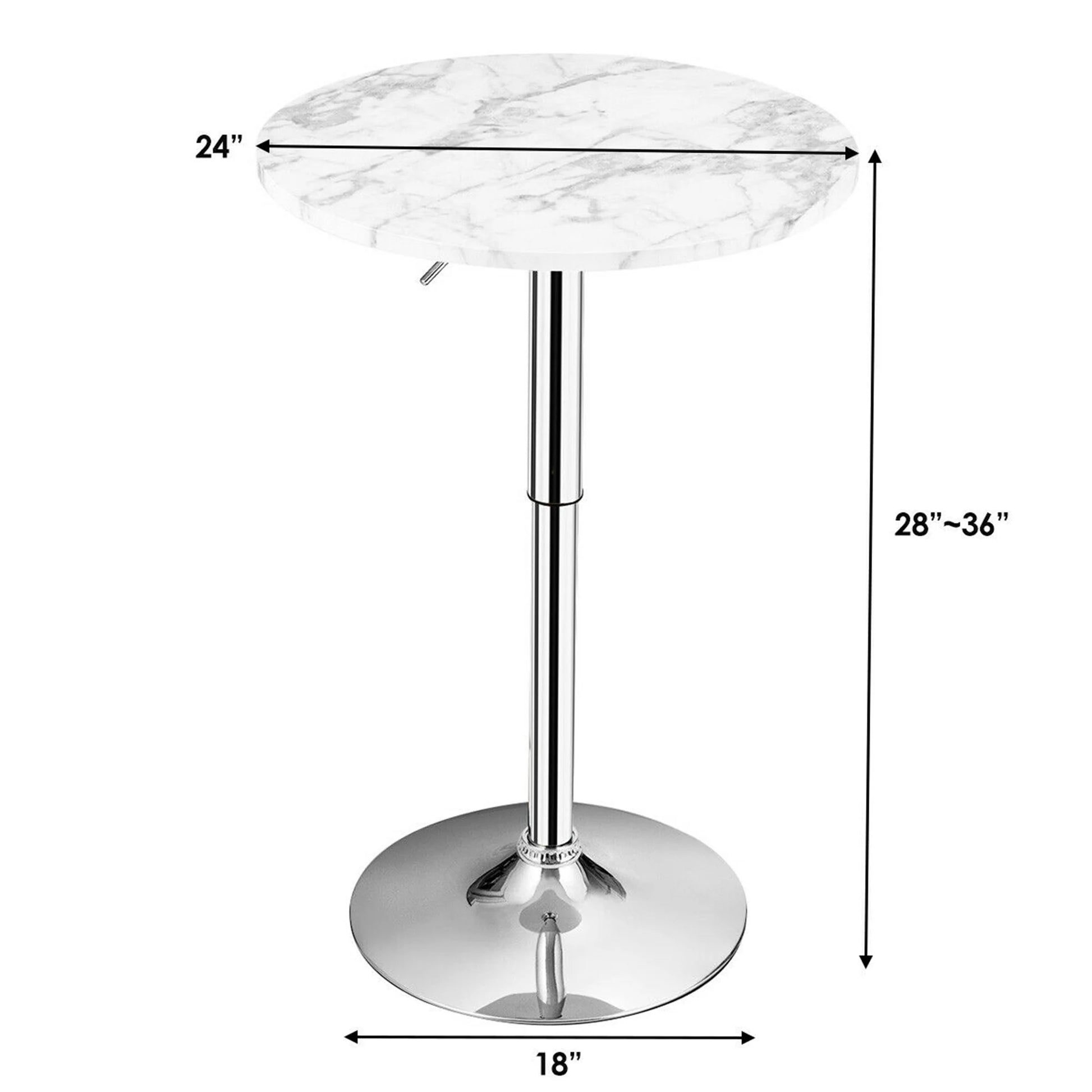 Bar Table Round with Adjustable Height and Swivel | White from AHF Depot - Modern white marble top bar table with a sleek silver frame against a white background. Table top diameter: 24". Height: 28" - 36". Base diameter: 18".