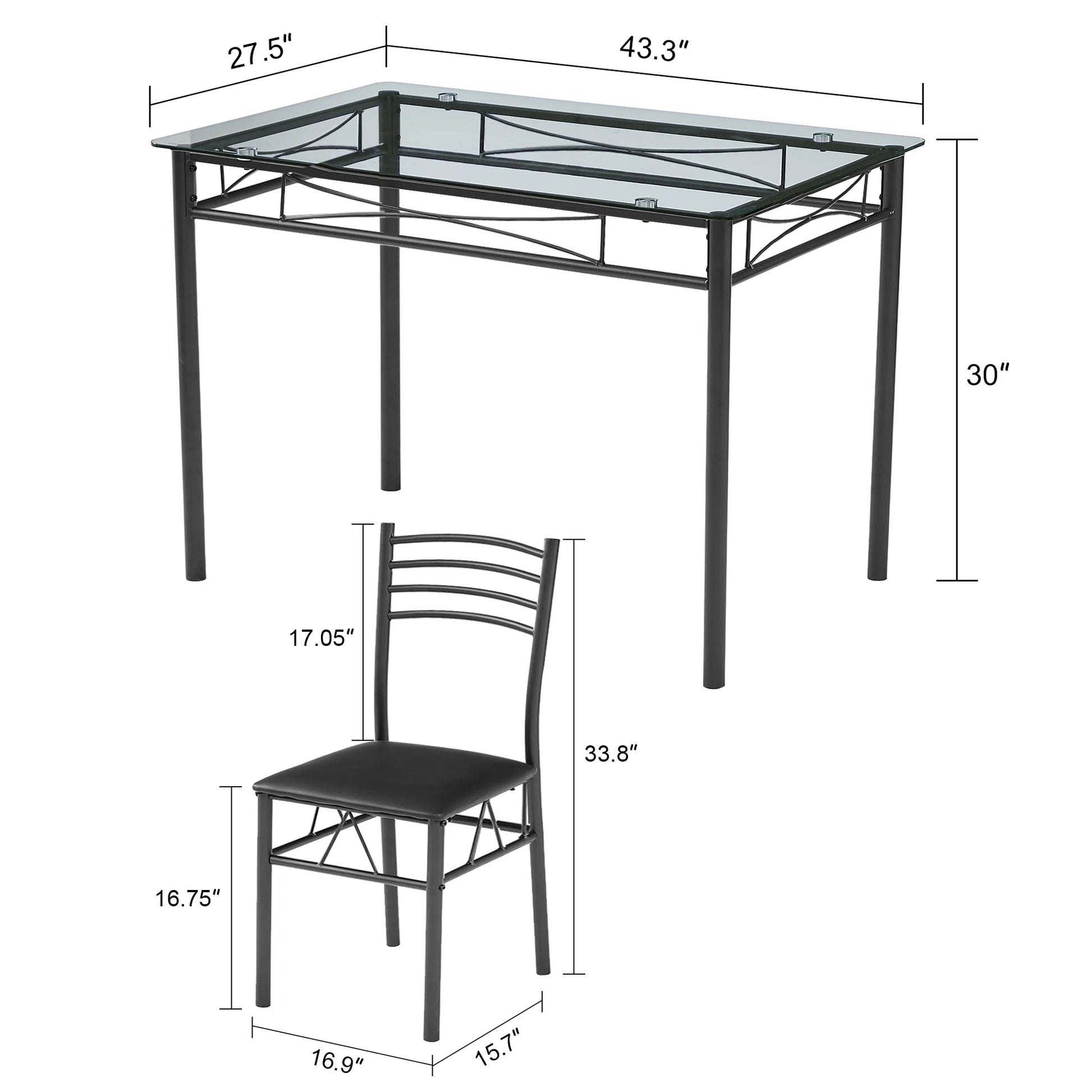 Dining Set Includes Table and Chairs for Kitchen | Black Frame from AHF Depot - Modern glass top black frame dining table with a single chair against a white background. Table Dimensions: 43.3" L x 27.5" W x 30" H. Chair Dimensions: 15.87" L x 16.9" W x 33.8" H.