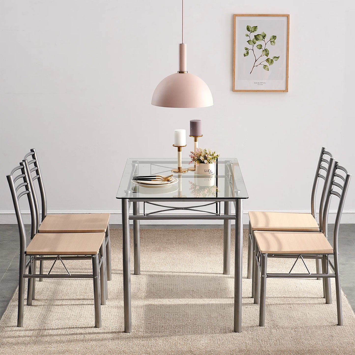 Dining Set Includes Table and Chairs for Kitchen | Silver Frame from AHF Depot - Modern glass top silver frame dining table with four chairs, complemented by breakfast essentials and candles in a stylish indoor dining room scene.